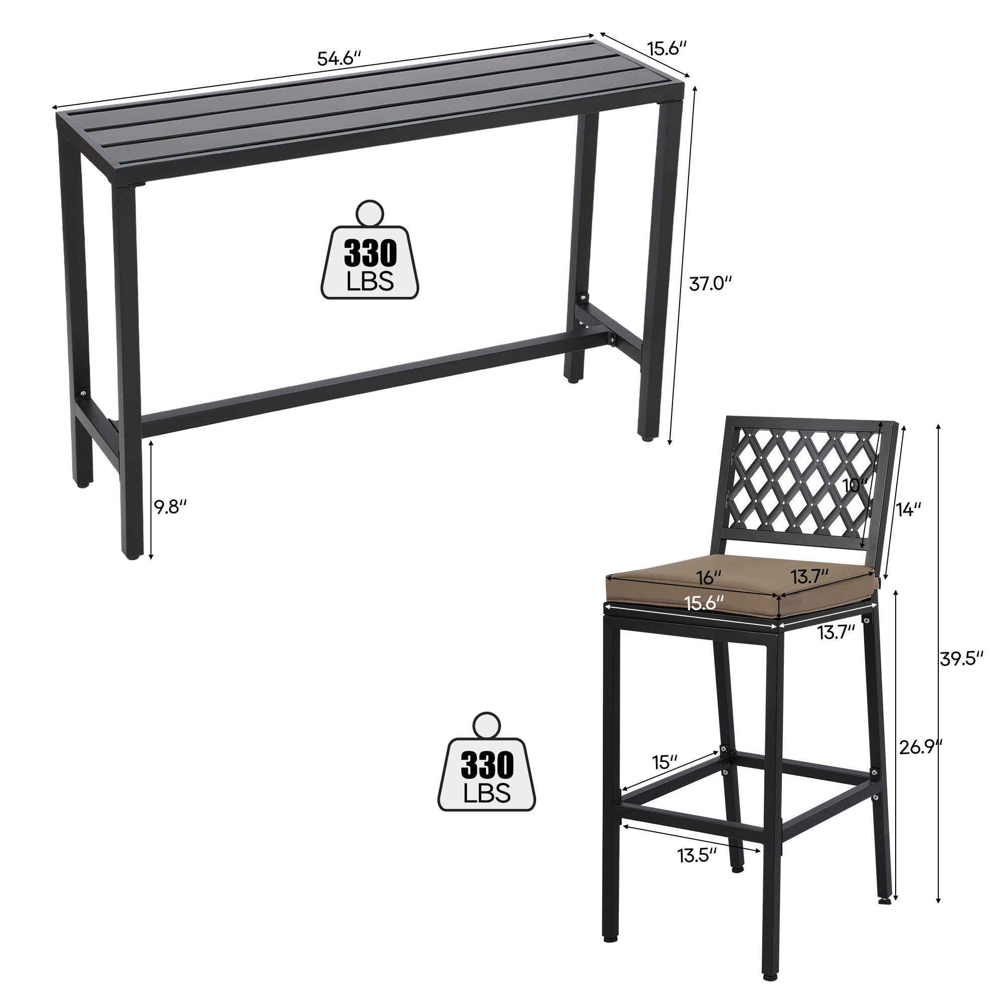 **Outdoor Patio Bar Set - Weather-Resistant Bistro Counter Height Dining Set with Cushions & Slatted Tabletop for Backyard, Garden, Deck, or Poolside Relaxation**
