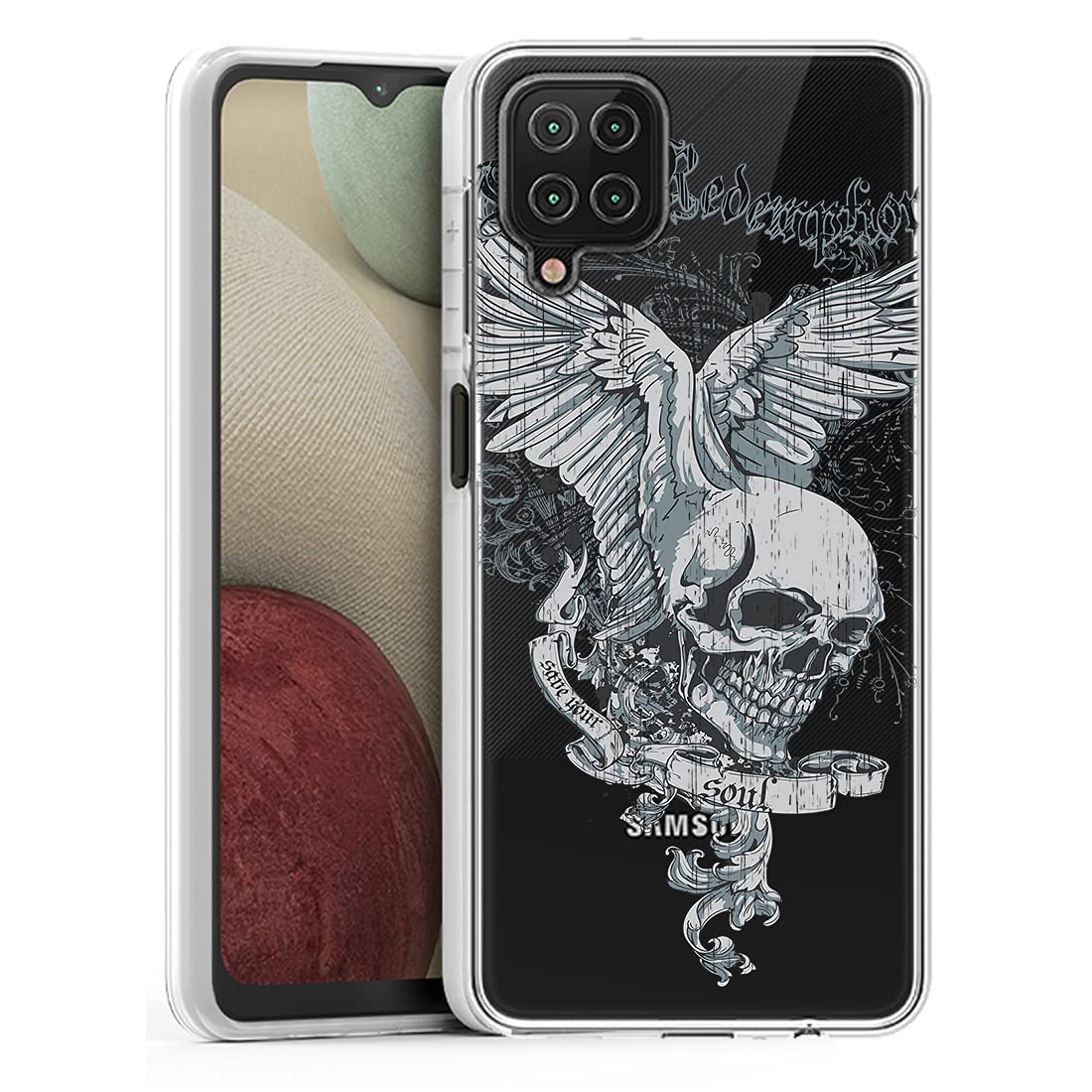 Durable Shockproof TPU Phone Case for Samsung Galaxy A12 - Clear Transparent Protective Cover with Skull Wing Design | Perfect for Outdoor Activities, Sports & Daily Use