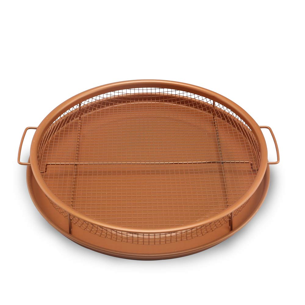 Premium Copper Crisper Basket & Baking Pan Set - 2-Piece Round Oven Tray for Air Frying, Roasting & Food Storage | Ideal for Vegetables, Fruits & Meal Prep
