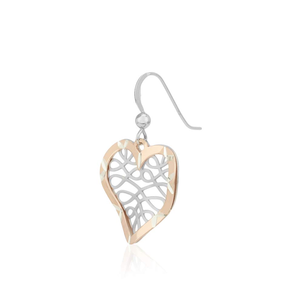 Vanbelle Sterling Silver Two Tone Jewelry - Filigree Heart Drop Earrings with Rhodium & Rose Gold Plating - Elegant Handcrafted Women's Earrings for Date Night & Special Occasions