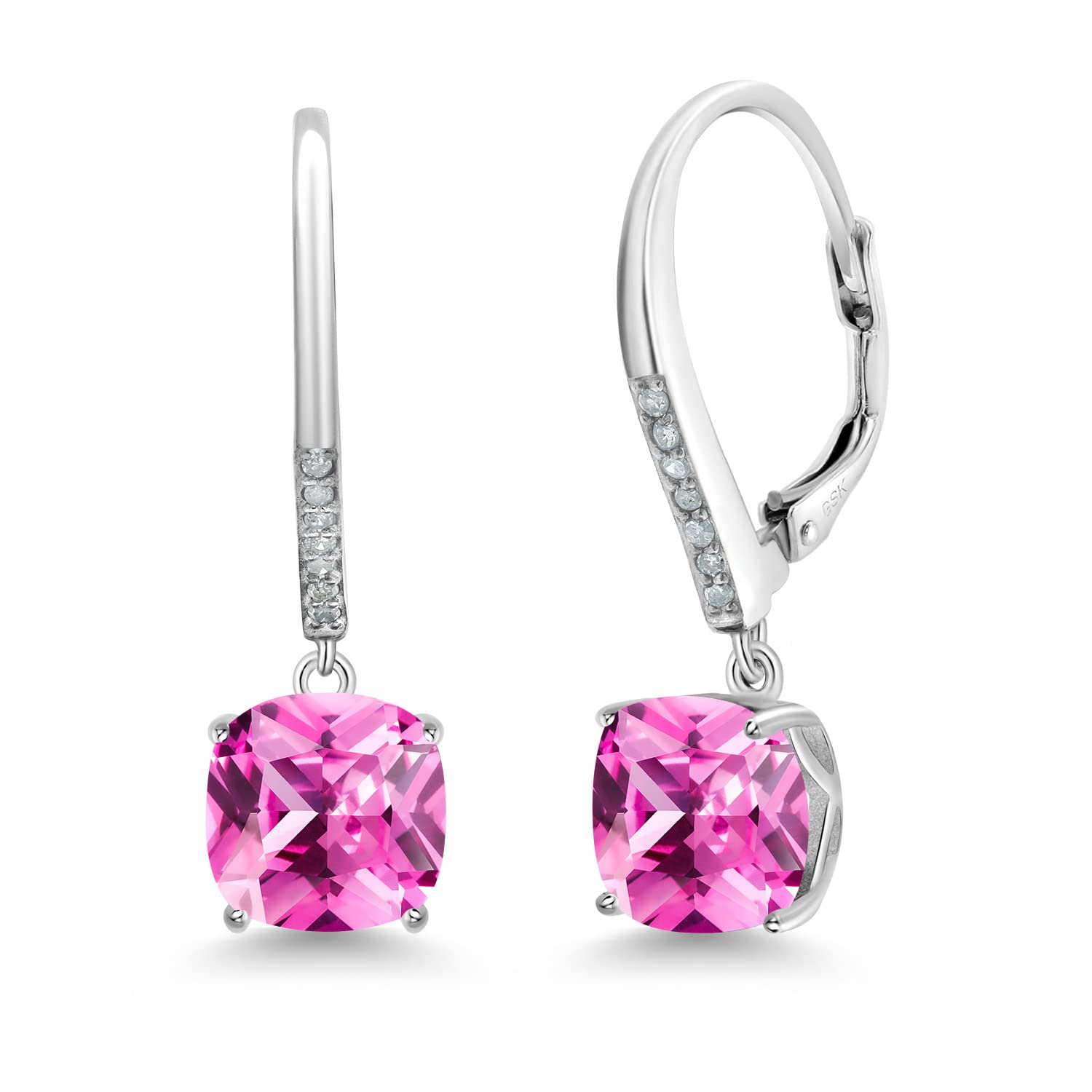 Gem Stone King 925 Sterling Silver 8MM Cushion Cut Birthstone & White Diamond Drop Dangle Earrings for Women | Elegant Jewelry Gift for Birthday, Anniversary & Special Occasions