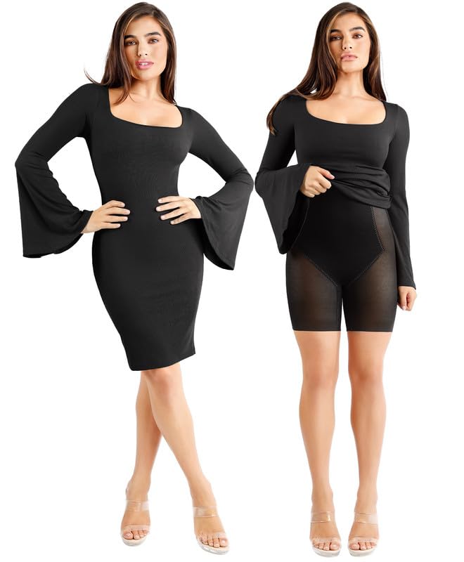 Popilush Women's Shapewear Dress - Long Sleeve Bell Sleeve Square Neck Mini Dress with Built-in Bra | Elegant Cocktail Party Dress for Fall, Date Night & Special Occasions