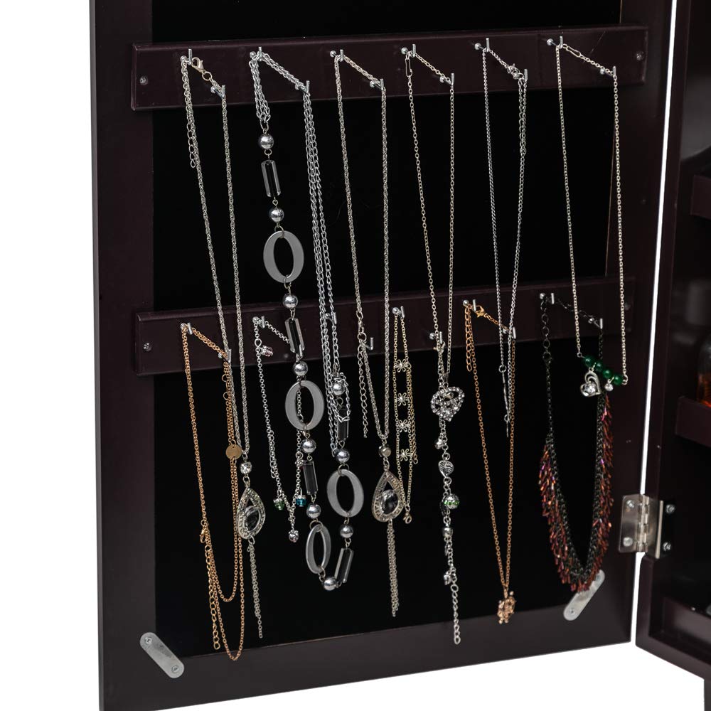 Lockable Jewelry Armoire Cabinet with Full-Length Mirror - Dark Brown Wooden Floor Standing Jewelry Storage Organizer for Bedroom, Closet & Dressing Room