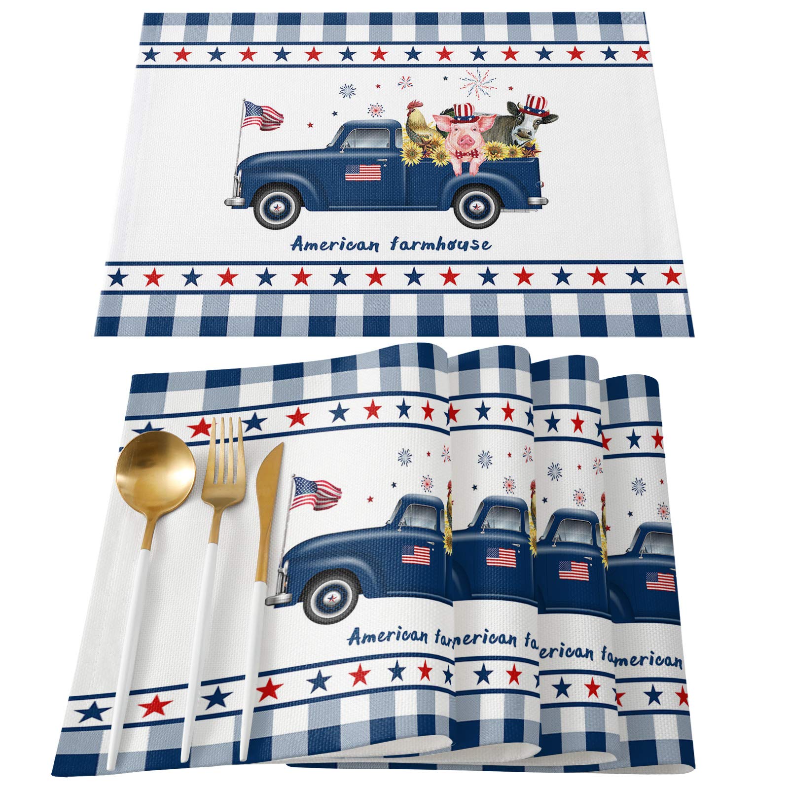 CHARMHOME Farmhouse Blue Truck Placemats Set of 4 - Washable Cloth Table Mats for Dining Table & Kitchen Decor | Perfect for Country Style Home, Rustic Dinner Parties & Everyday Use