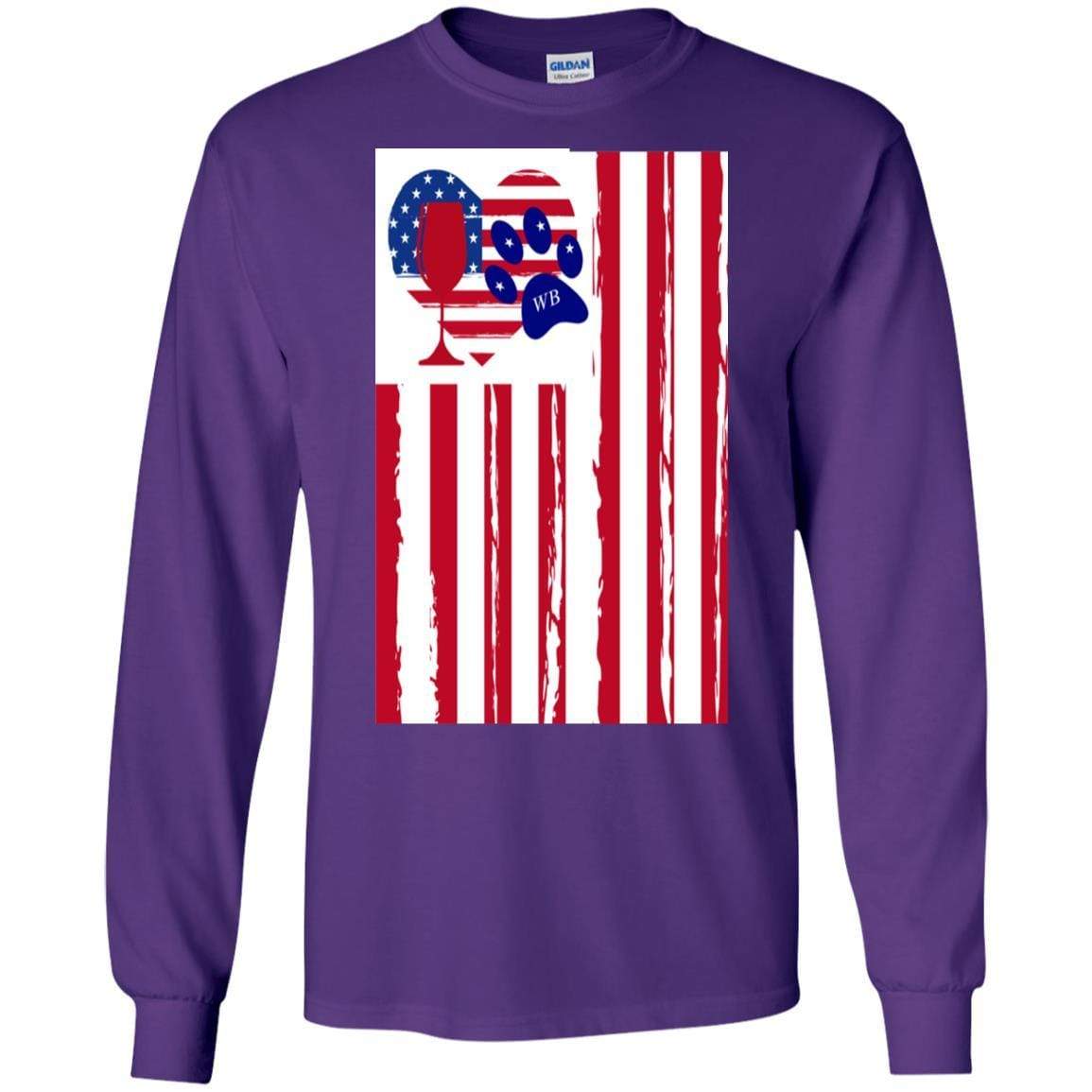 WineyBitches.Co Patriotic American Flag Wine Paw Heart Long Sleeve Ultra Soft Cotton T-Shirt for Women | Perfect for Wine Lovers, 4th of July & Pet-Themed Parties