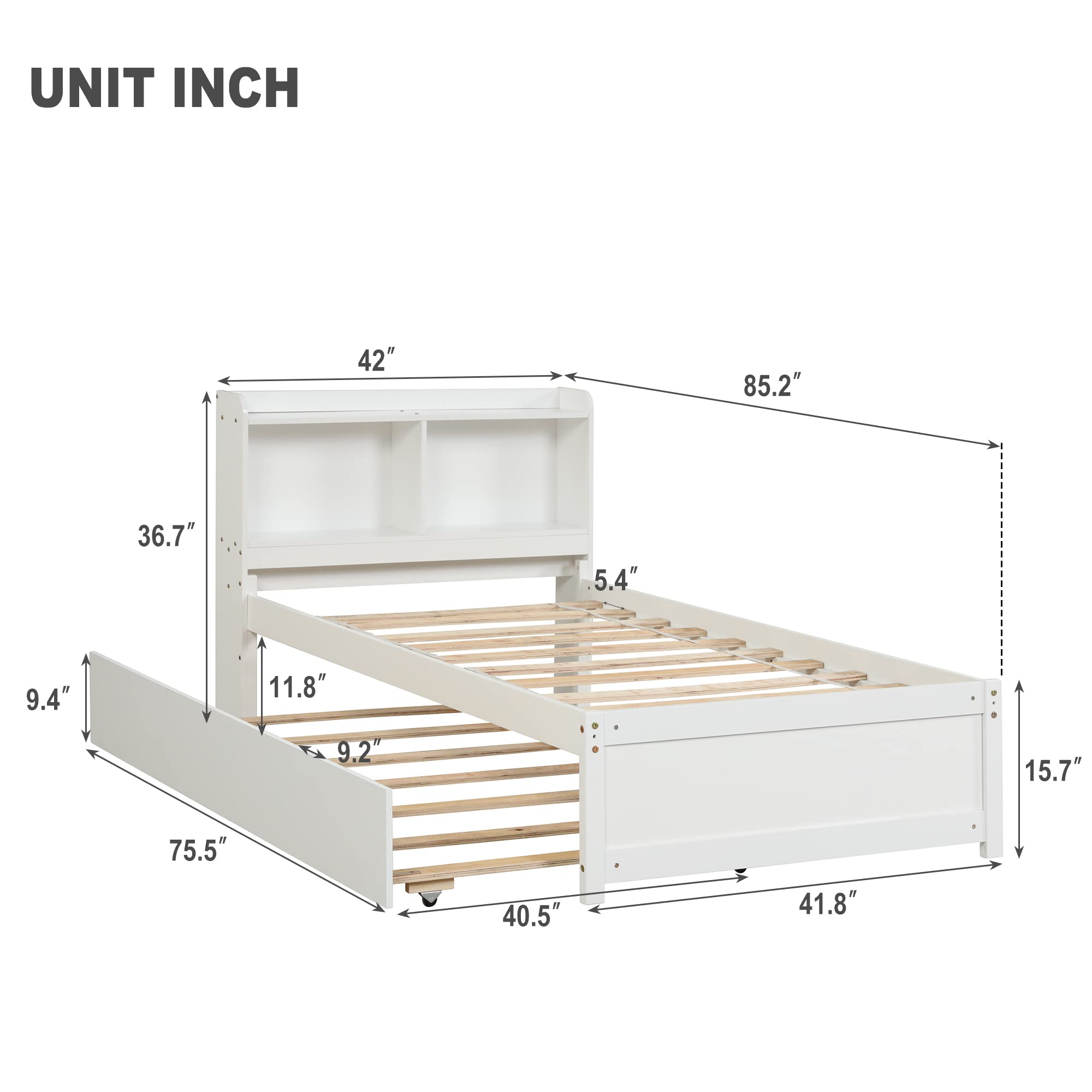 Twin Size Platform Bed with Trundle - Wooden Twin Bed Frame with Bookcase Headboard & Storage Shelves, No Box Spring Needed (Espresso) - Perfect for Kids' Rooms, Guest Beds & Small Spaces