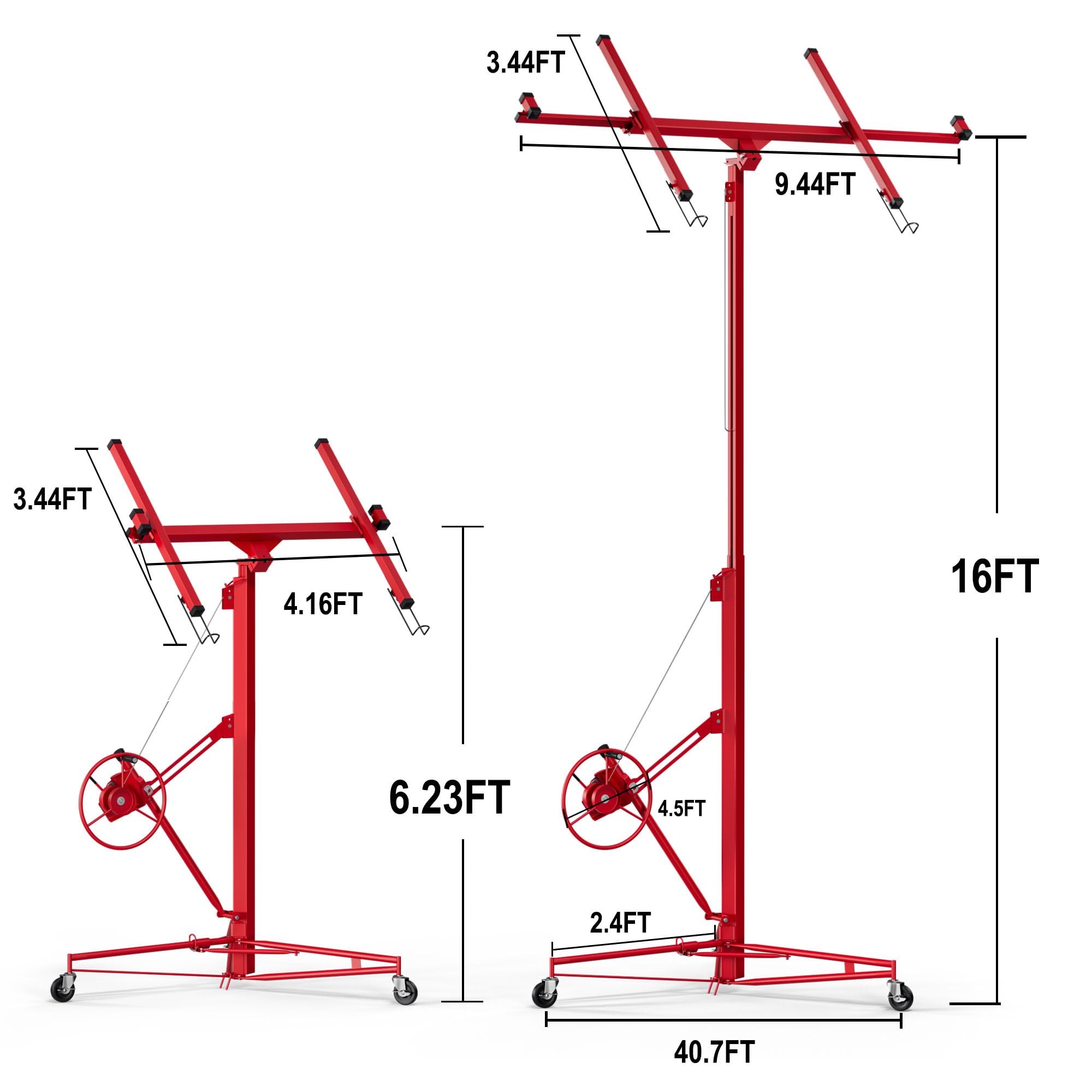 16ft Drywall Lift Panel Hoist - 150lb Capacity Drywall Lifter Jack with Rolling Caster Wheels | Heavy Duty Sheetrock Lifting Tool for Ceiling Installation | Perfect for Construction, Renovation and DIY Home Projects