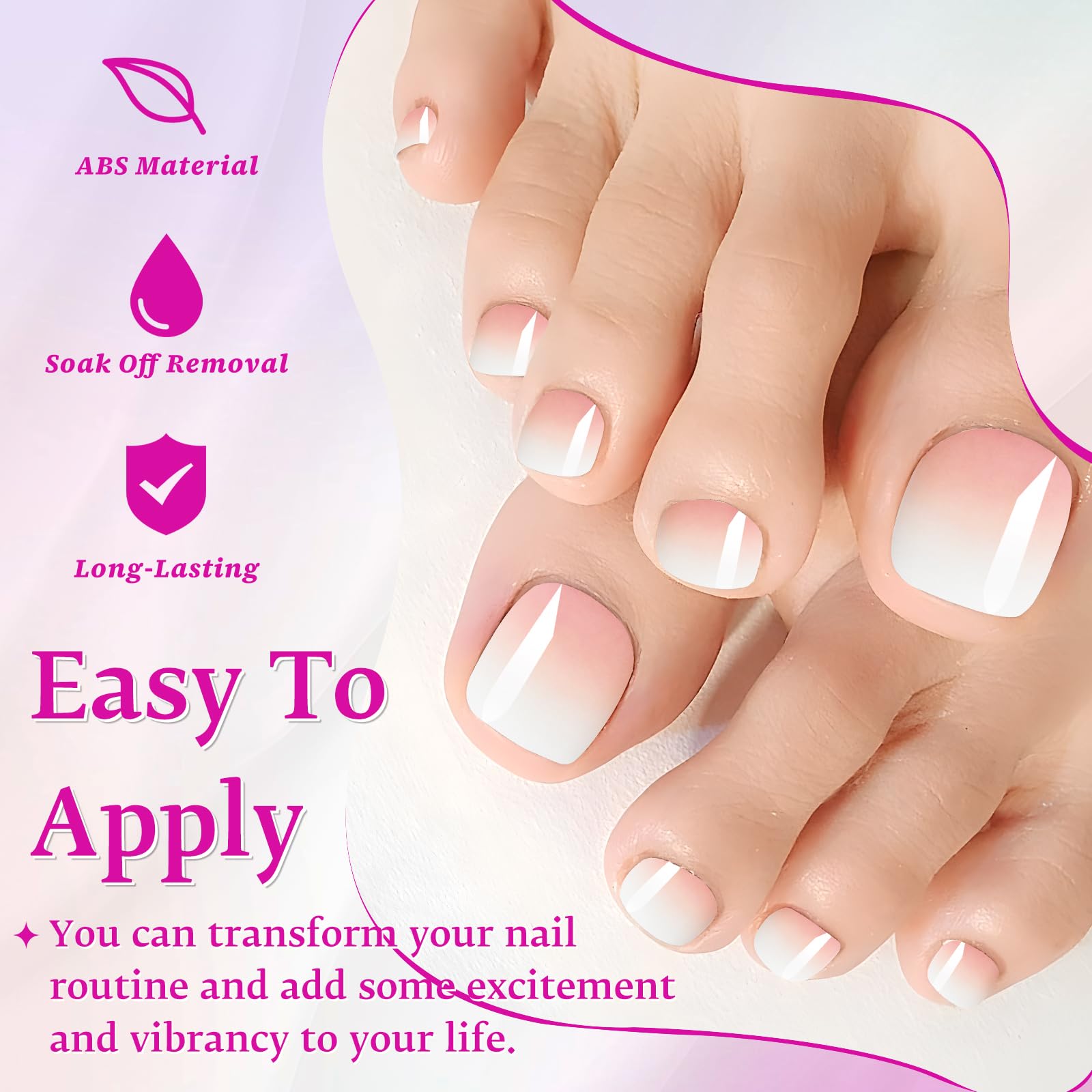 Loveourhome 144pc Ombre Press-On Toenails for Women - Fake Toe Nails with Glue Tabs, Acrylic Glue-On Toenails - Perfect for Pedicures, Parties, Vacations & Everyday Wear