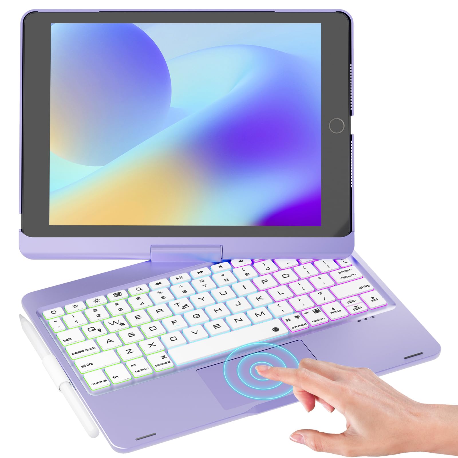 NOKBABO iPad 9th/8th/7th Generation Case with Bluetooth Keyboard - 360° Rotatable Stand, 7-Color Backlit Touchpad & Apple Pencil Holder | Compatible with iPad 10.2 inch & iPad Air 3rd Gen/iPad Pro 10.5 inch | Metallic Purple | Perfect for Work, Study & Entertainment