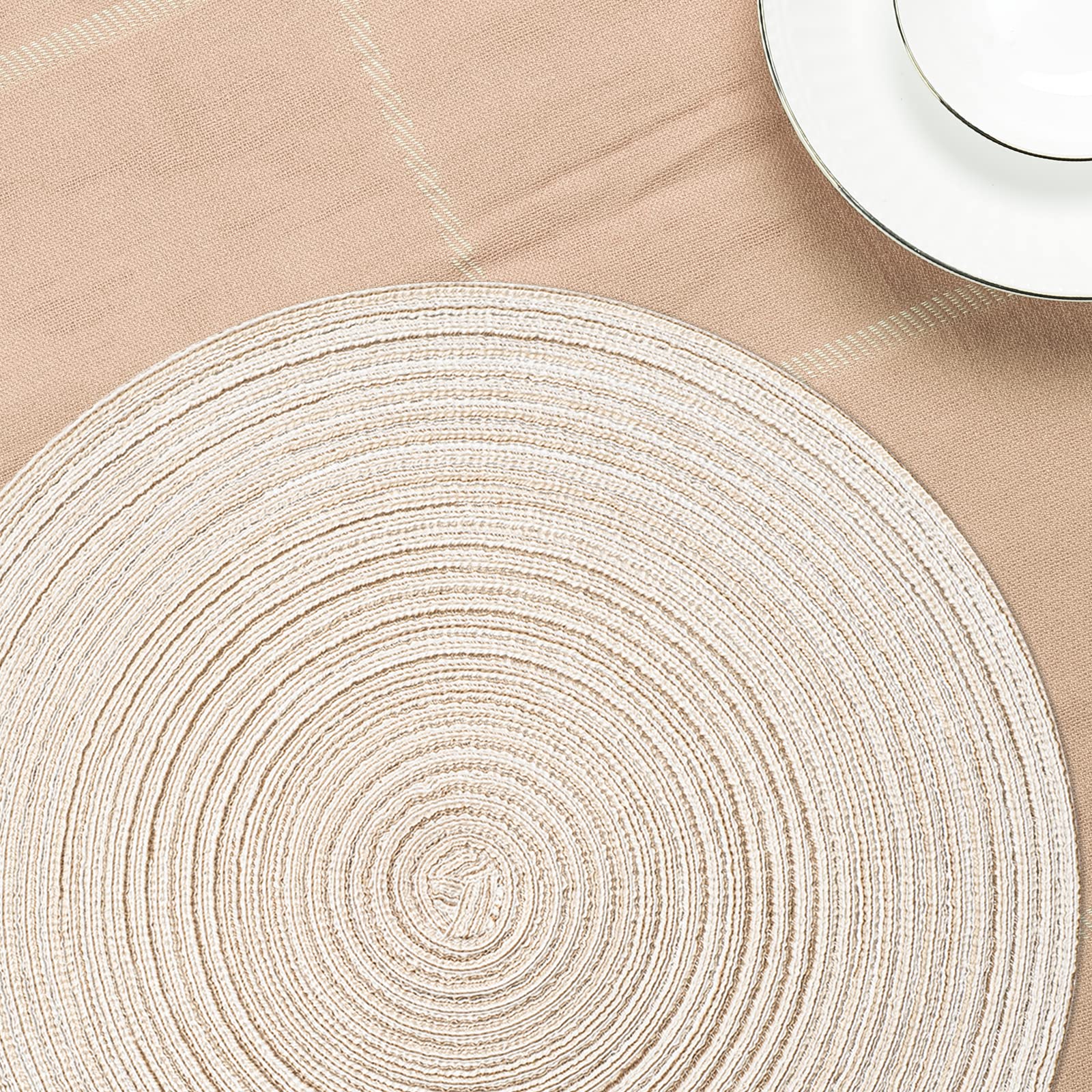 Natural Woven Round Braided Placemats Set of 6 - 15 Inch Heat Resistant Table Mats for Dining Room Decor, Kitchen & Outdoor Picnic (Beige)