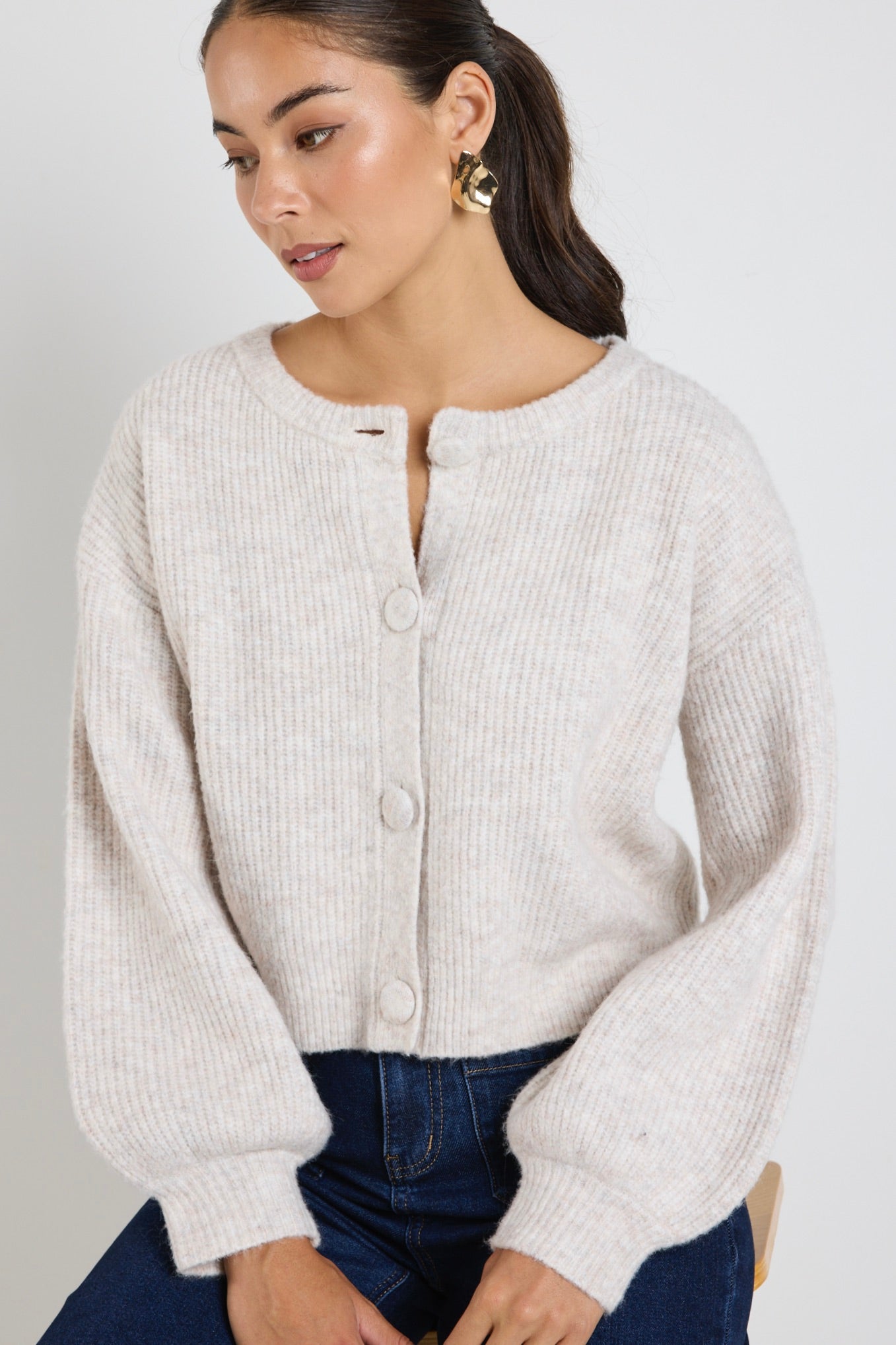 Authentic Oat Marle Chunky Knit Crewneck Cardigan Sweater - Cozy Winter Wear for Women | Perfect for Casual Outfits, Office & Date Nights