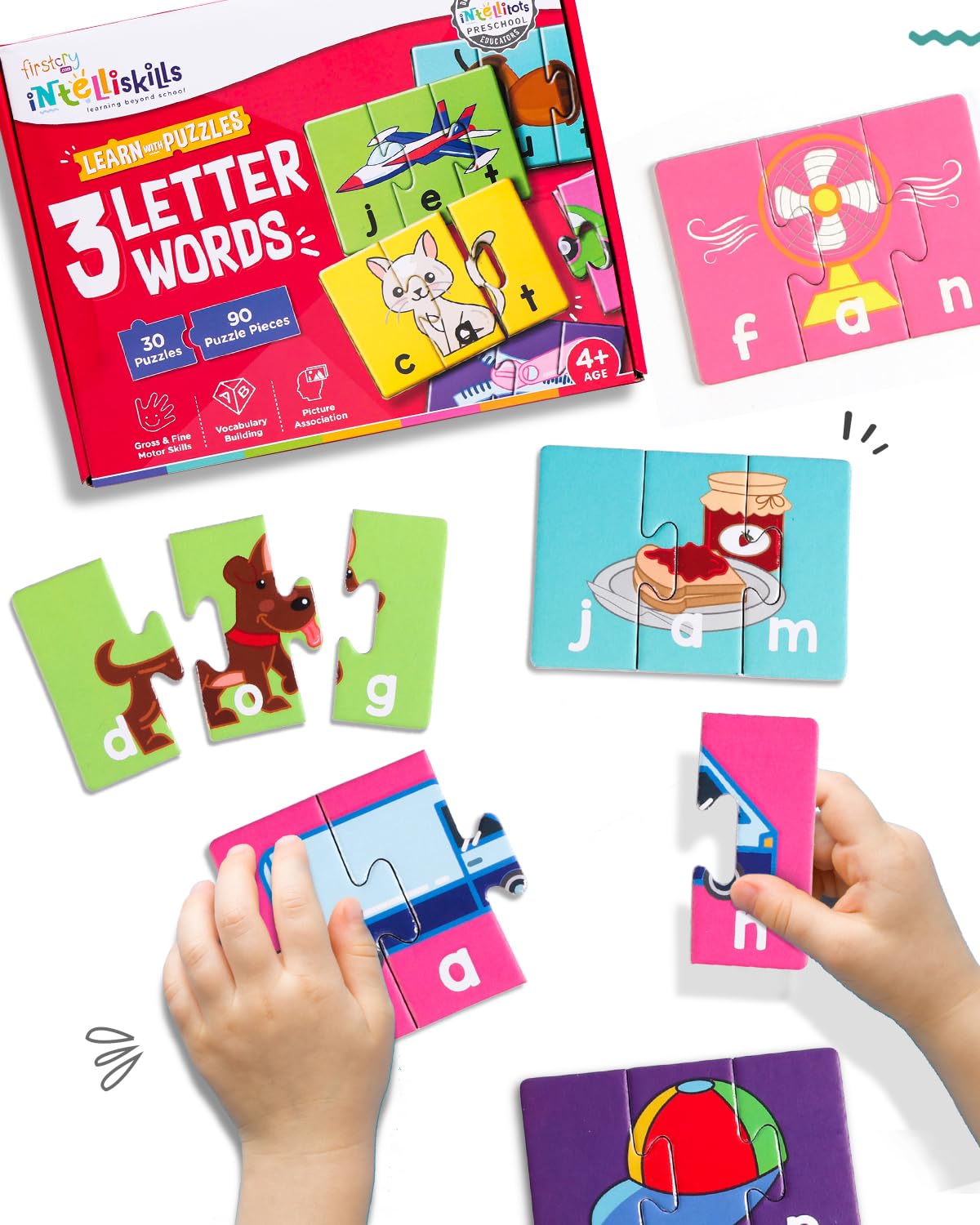 Premium 90-Piece 3-Letter Word Spelling Jigsaw Puzzle Set | Learn to Spell with 30 Colorful Picture Puzzles | Educational Toy for Kids Ages 4+ | Perfect for Preschool Learning & Family Game Night