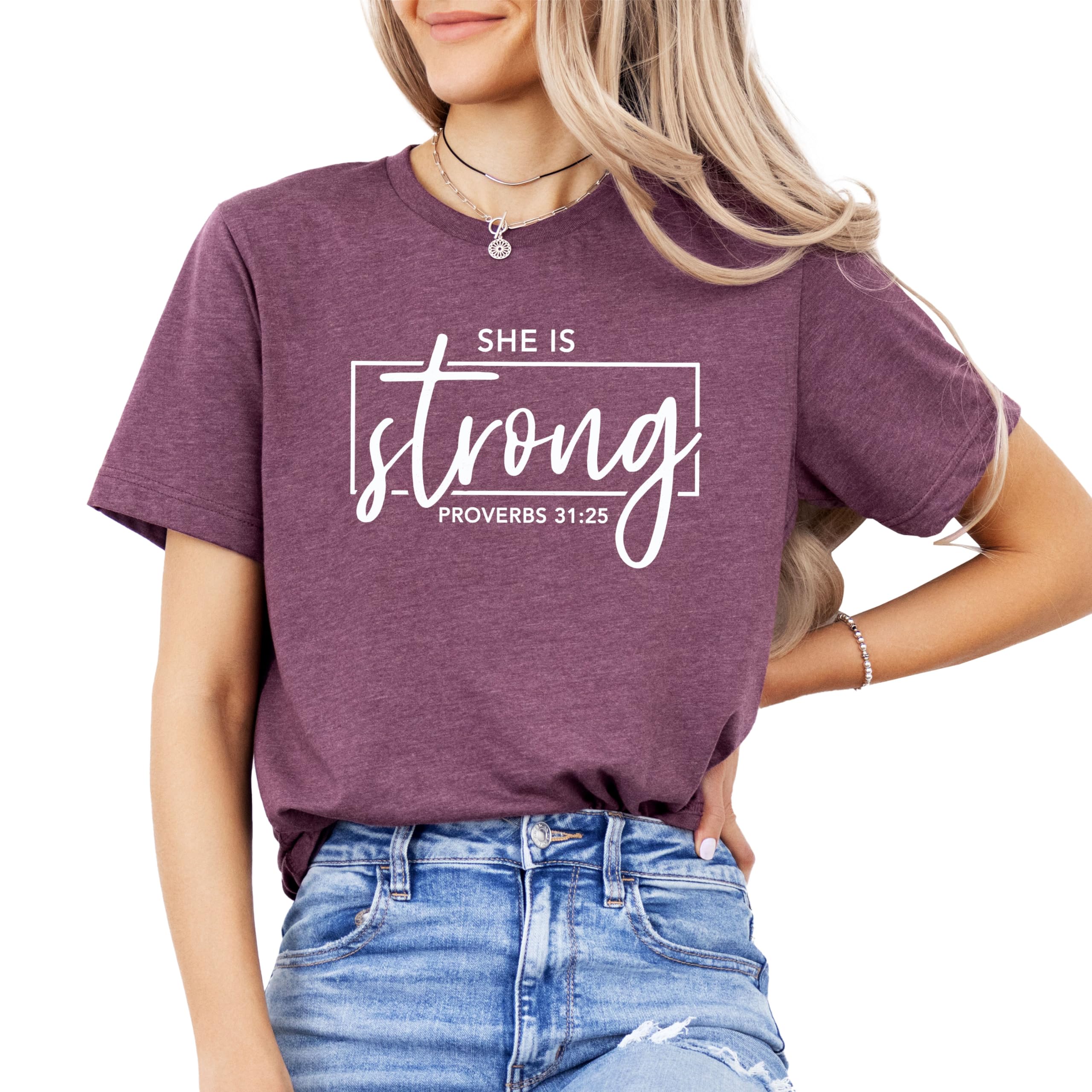 She is Strong Proverbs 31:25 Christian T-Shirt - Inspirational Bible Verse Graphic Tee, Positive Faith-Based Women's Apparel for Church, Bible Study & Daily Encouragement