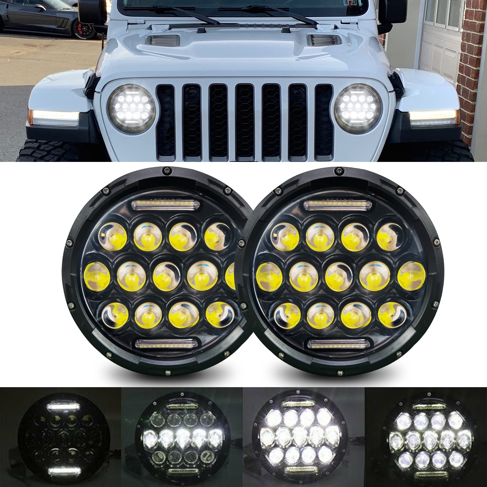 7 Inch LED Headlights for Jeep Wrangler JK/TJ/LJ 1997-2020 - White DRL & Amber Turn Signal + 4 Inch LED Fog Lights with Halo Ring - Off-Road Lighting Upgrade for Adventure & Night Driving