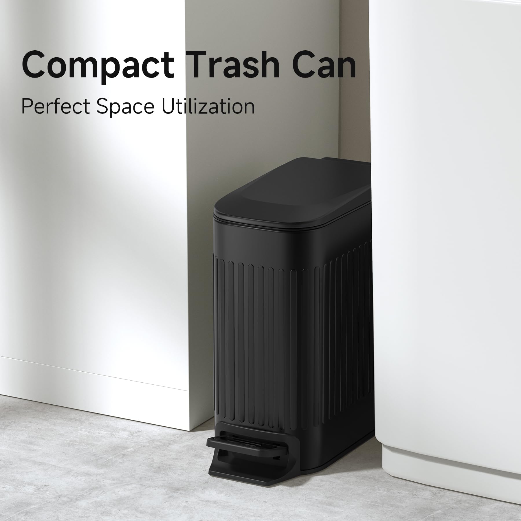 TIPGO Slim Stainless Steel Bathroom Trash Can with Soft Close Lid & Step Pedal - 6L/1.6 Gallon Small Garbage Bin for Bathroom, Bedroom, Office & Kitchen - Perfect for Tight Spaces & Modern Decor (Black)