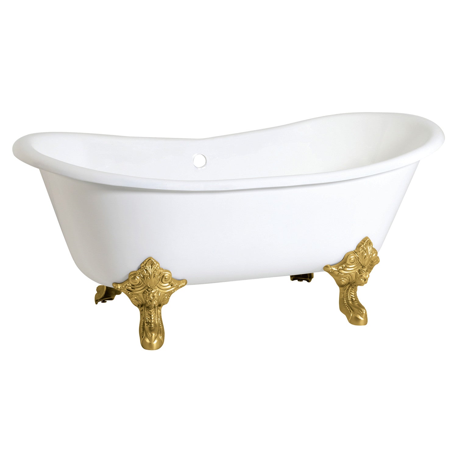 Aqua Eden 67 Inch White Cast Iron Clawfoot Bathtub - Oval Double Slipper Design with Brushed Brass Feet (No Faucet Drillings) | Vintage Freestanding Soaking Tub for Bathroom Remodel & Luxury Spa Retreat