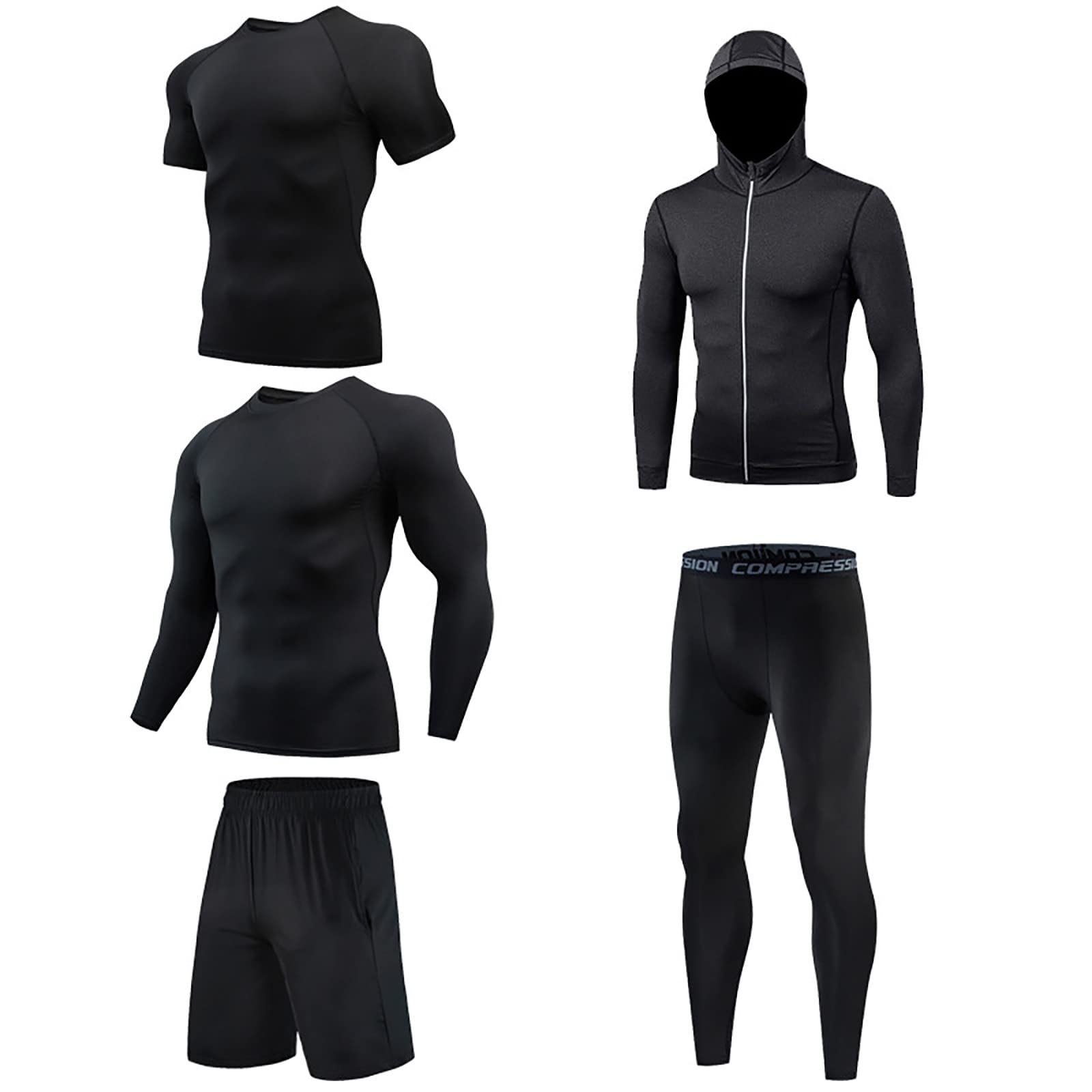 5Pcs Men’s Thermal Underwear Set - Compression Base Layer, Cool Dry Gym Clothes (Tops, Jacket, Fitting Shorts & Leggings) for Winter Sports, Workout & Outdoor Activities