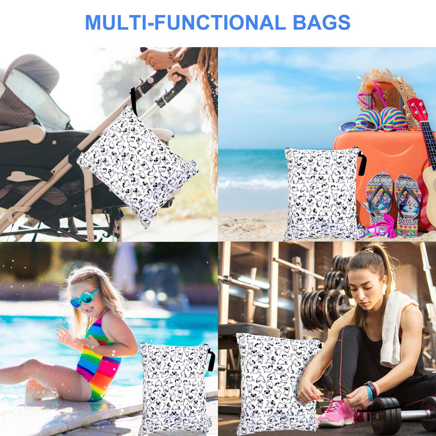 FLOCK THREE Washable & Reusable Wet Bag - Waterproof Diaper Bag, Swim Bag, Travel Toiletries Pouch & Gym Yoga Bag (White_YOGADOG) - Perfect for Baby Care, Swimming, Travel & Fitness Activities