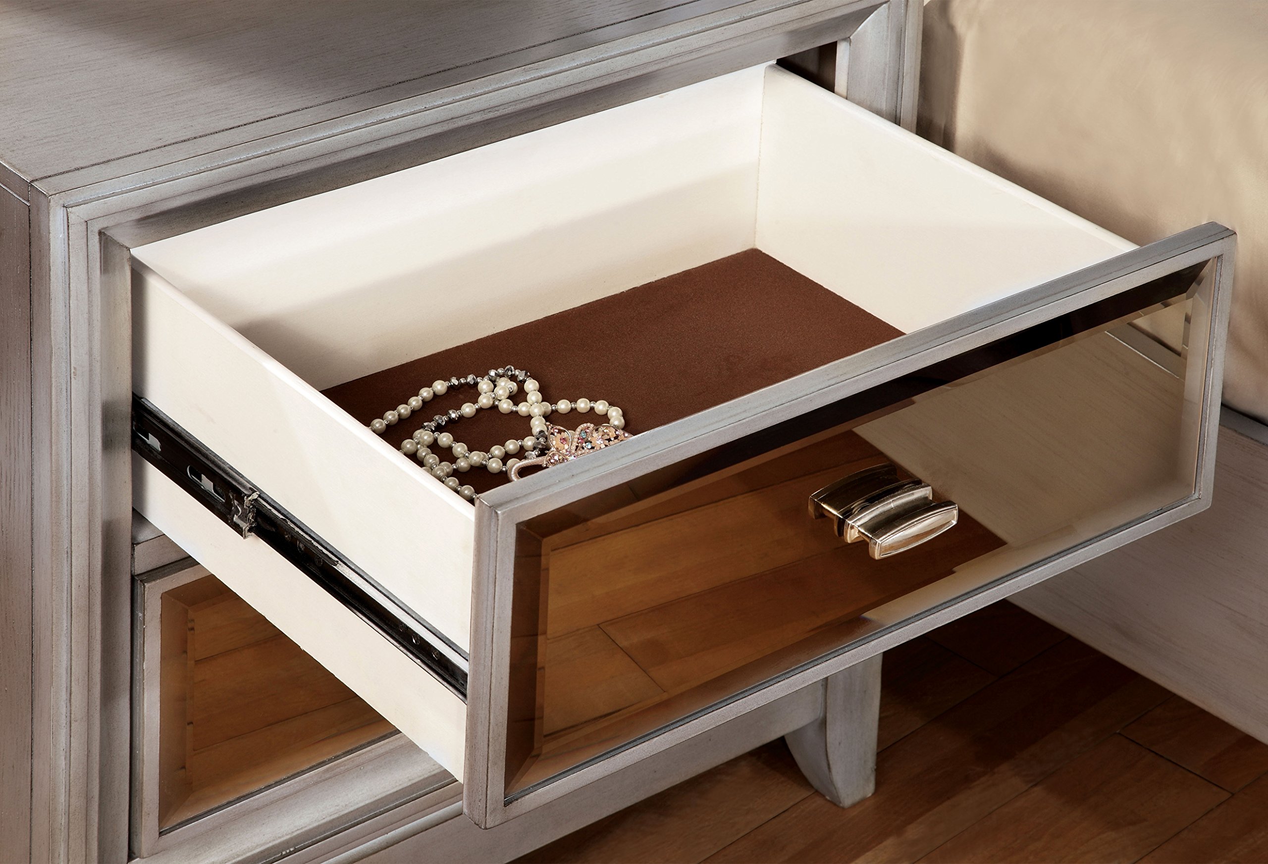Furniture of America Sterling Contemporary Nightstand in Silver - Modern Bedside Table for Bedroom Decor & Storage