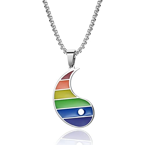 Hoisy Men's Stainless Steel Chain Necklace - Rainbow Flag & Tai Chi Design for Boys - Perfect for Pride Events, Martial Arts & Casual Wear