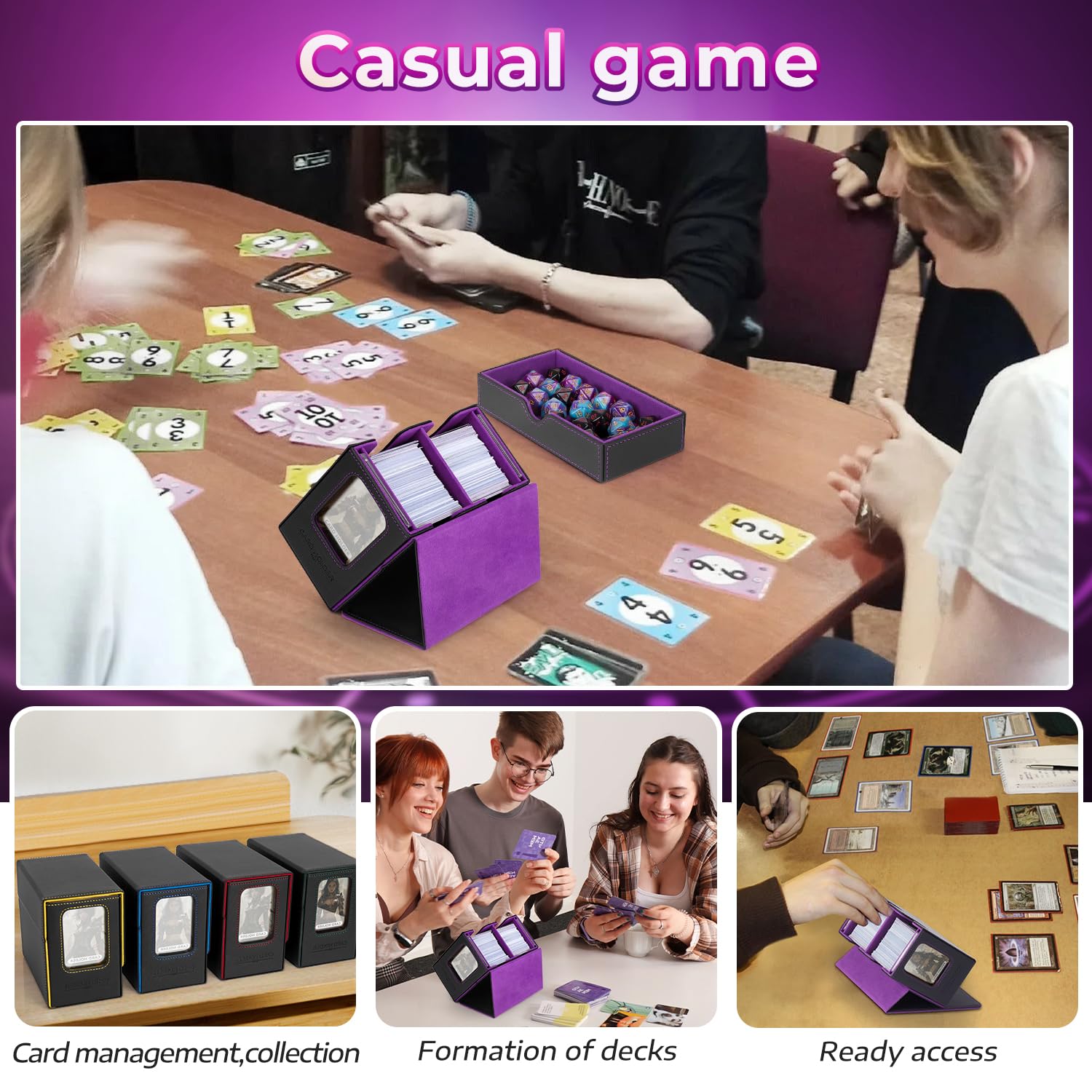 Premium MTG Commander Deck Box with Dice Tray - Holds 230+ Magic TCG/CCG Cards - 4-in-1 Storage Case with 4 Dividers (Black/Purple) - Perfect for Game Nights, Tournaments & Card Collection Organization