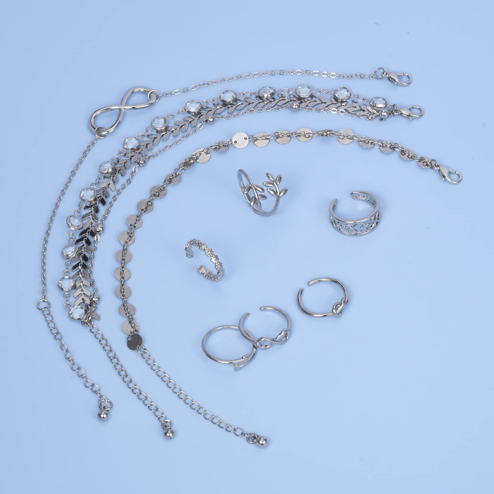 Adjustable Open Toe Rings for Women with Anklet Set - CZ Flower Summer Beach Foot Jewelry - Perfect for Vacation, Sandals, Pedicures & Boho Fashion