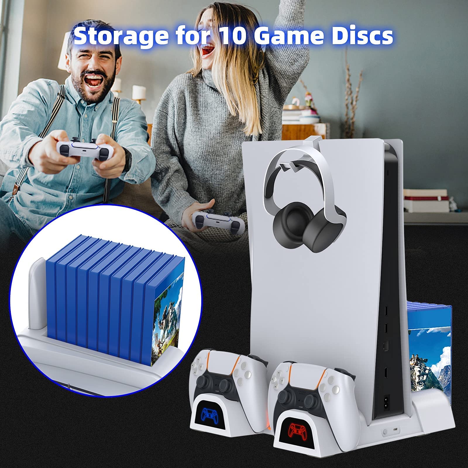 NexiGo PS5 Accessories Kit - Vertical Stand with Headset Holder, Dual Controller Charger, 10-Game Rack & 4-Port USB Hub for PlayStation 5 (Disc/Digital Edition) - Perfect for Gaming Setup & Organization