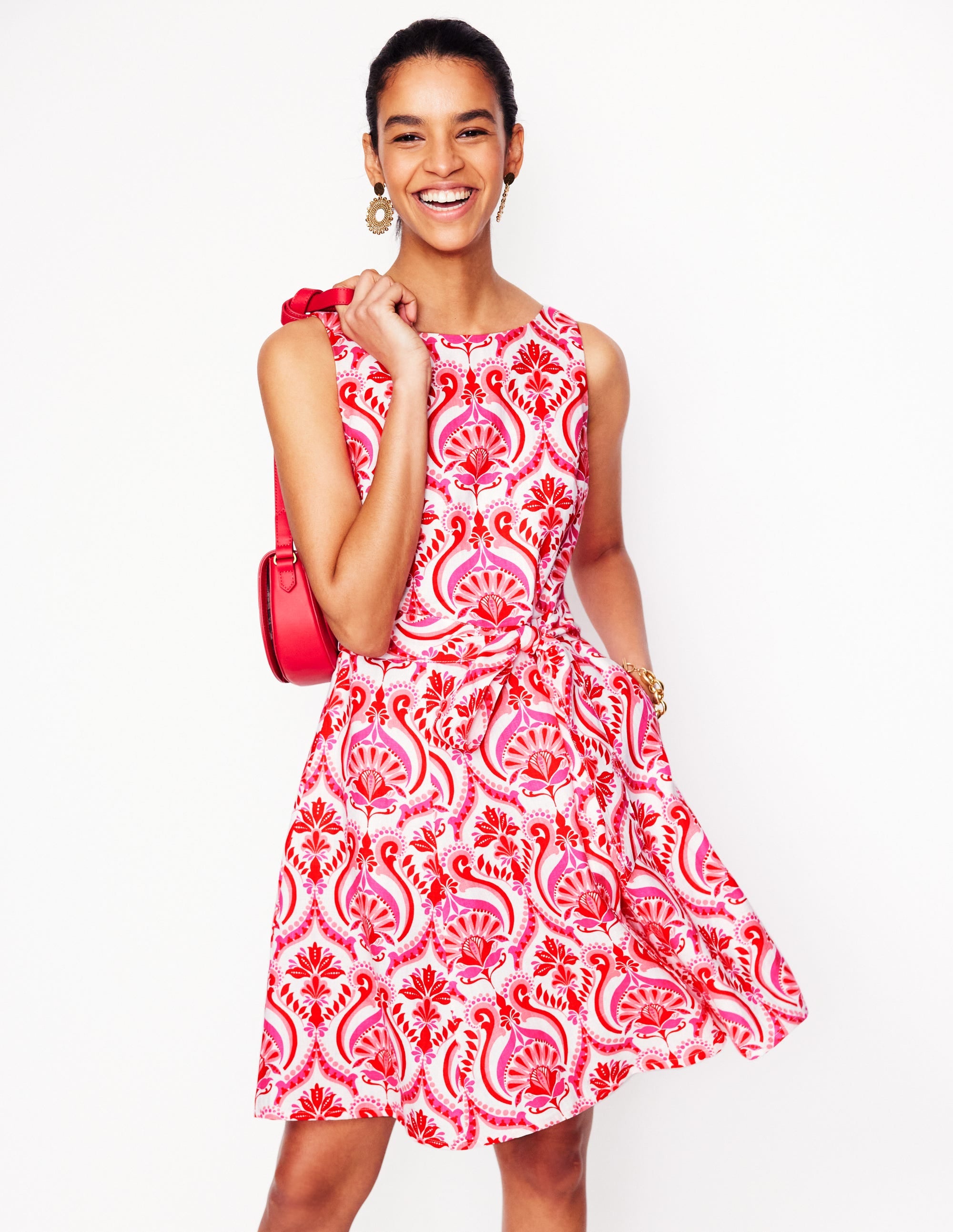Anya Sleeveless Linen Dress in Poppy Red with Ornamental Floral Print - Perfect for Summer Beach Vacations & Casual Outings
