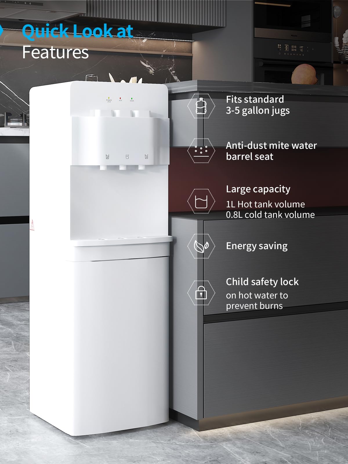 TABU 3/5 Gallon Water Dispenser with Hot, Cold & Room Temperature Settings - Self-Cleaning Bottle Loading Water Cooler with Child Safety Lock & Anti-Scalding Design (White) - Perfect for Home, Office & Dorm Use