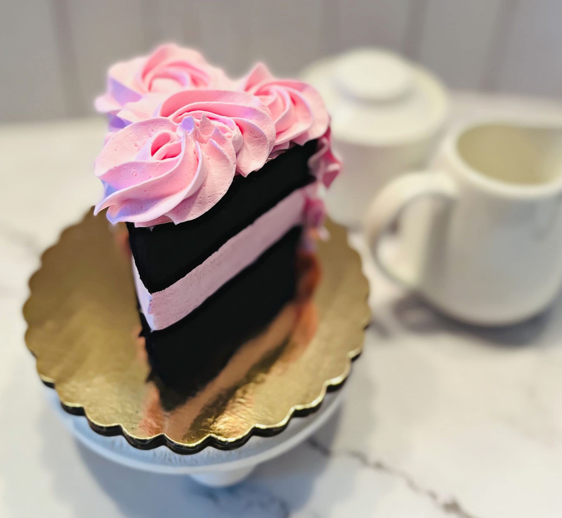 Artificial Cupcakes & Fake Cake for Display - USA Made Faux Cake Decorations - Home & Kitchen Fake Desserts - Fake Cake Slice with Pink Rosette - Perfect for Wedding, Party & Bakery Display