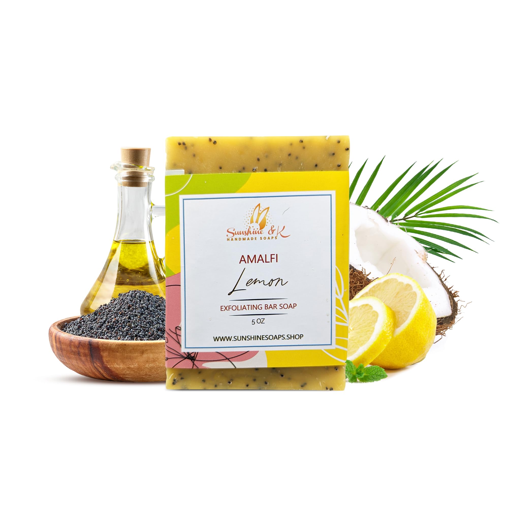 Amalfi Sweet Floral Lemon Exfoliating Bar Soap with Poppy Seeds & Shea Butter | Natural Body Soap with 6 Base Oils | 4.6 oz Handmade Soap for Dry Skin & Sensitive Skin Care | Perfect for Shower, Bath & Gift Sets
