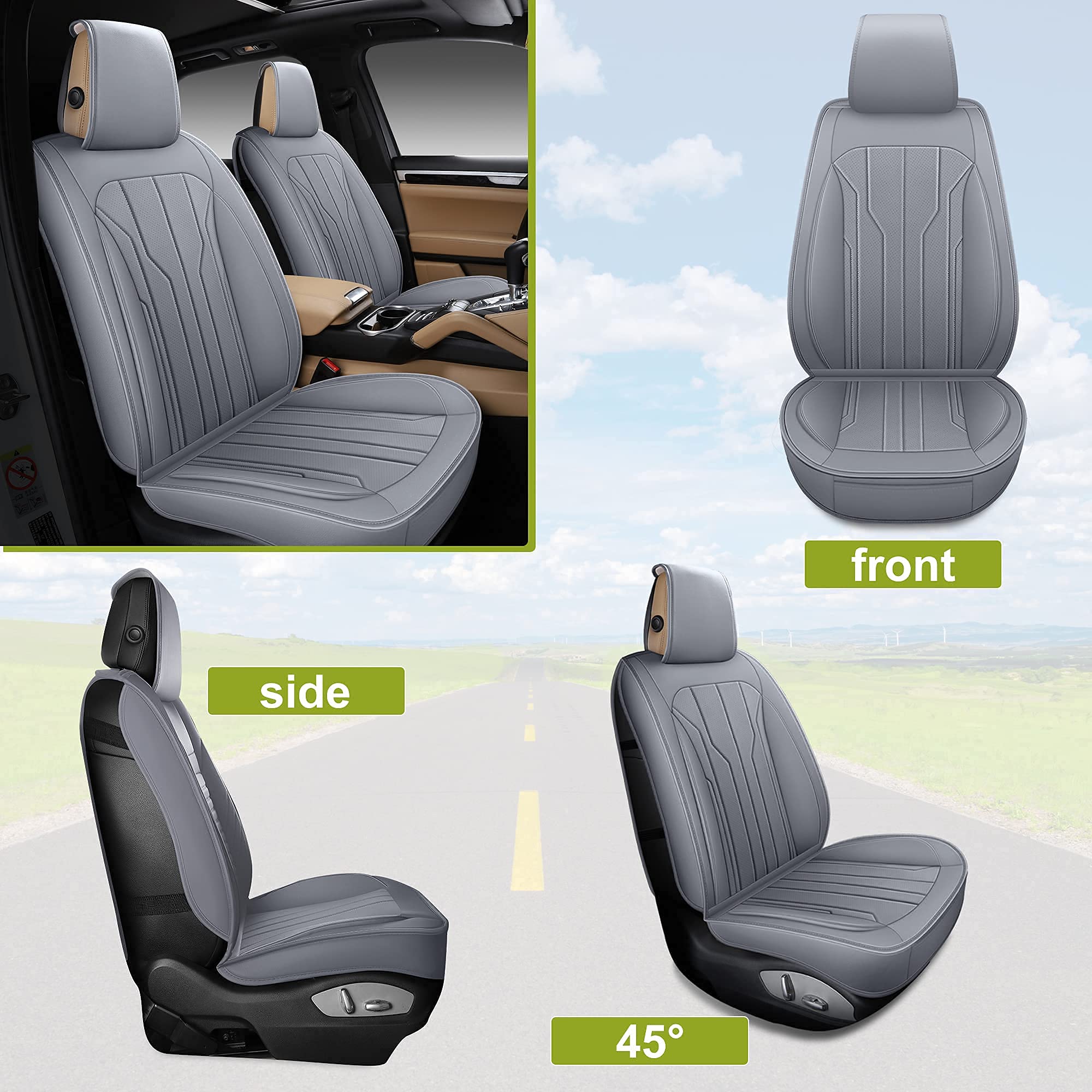 Premium AOOG Leather Car Seat Covers - Universal Fit Leatherette Seat Protectors for Cars, SUVs & Trucks | Non-Slip Auto Interior Accessories (Full Set, Gray) | Perfect for Daily Commuting, Road Trips & Vehicle Protection
