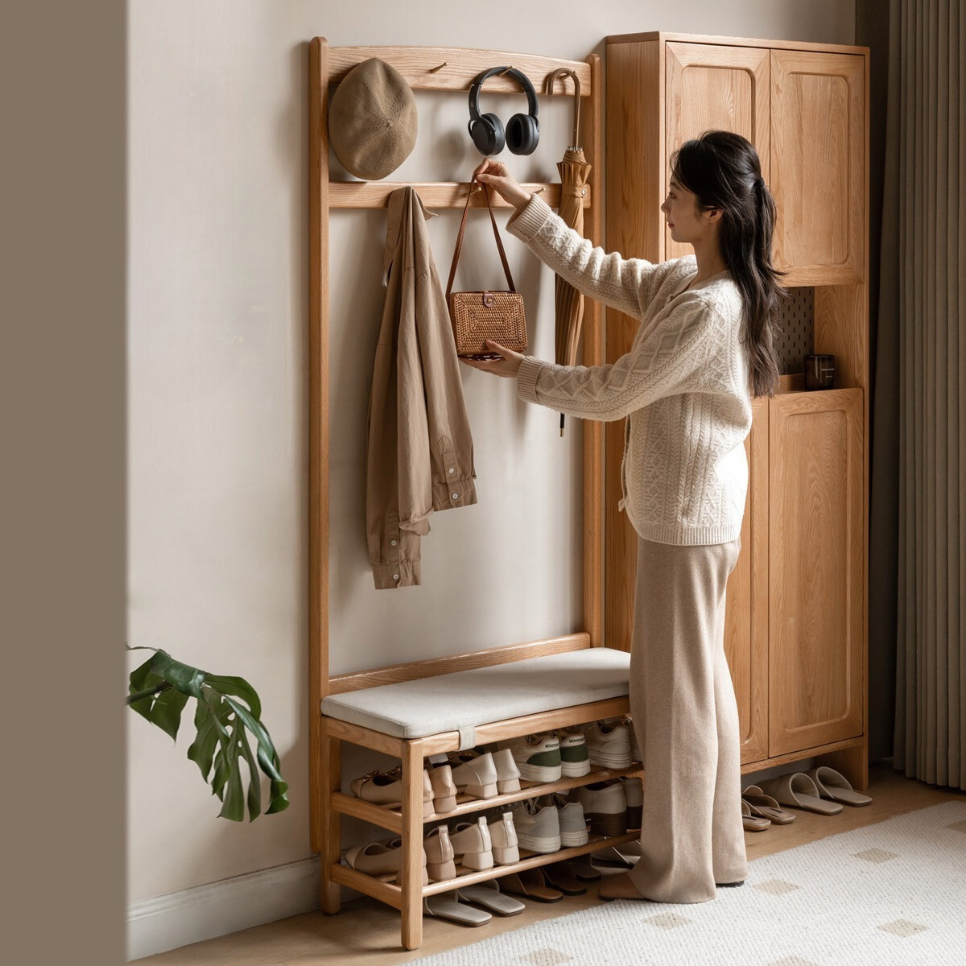 Solid Oak Wood Shoe Bench with Hooks - Entryway Organizer & Shoe Storage Stool for Hallway, Bedroom, or Mudroom