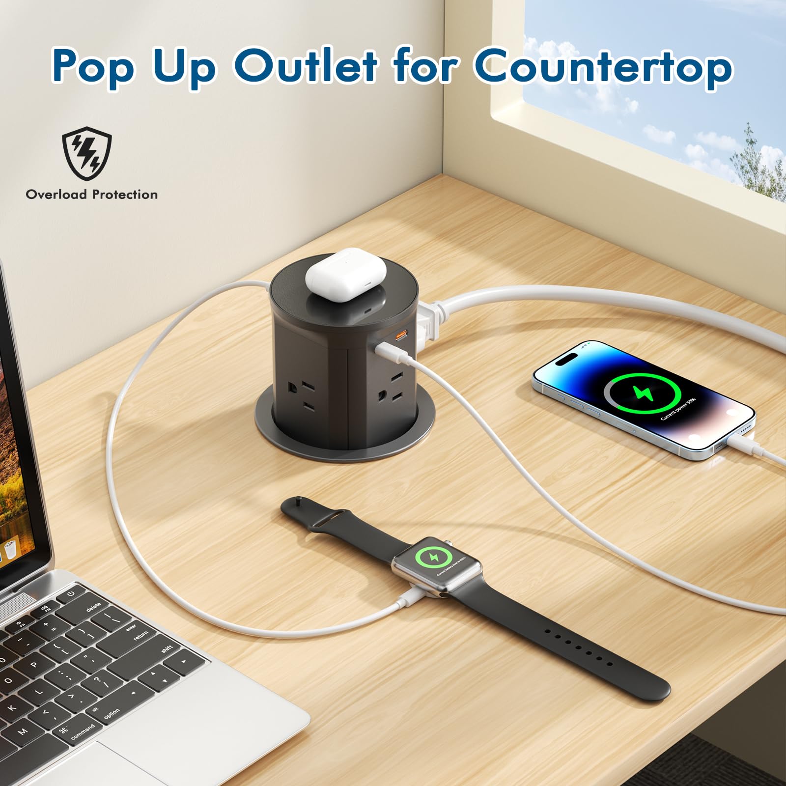 BTU Pop Up Outlet with 15W Wireless Charger & 20W USB-C Fast Charging | 4 AC Outlets | Kitchen Countertop & Desk Charging Station (3 3/8