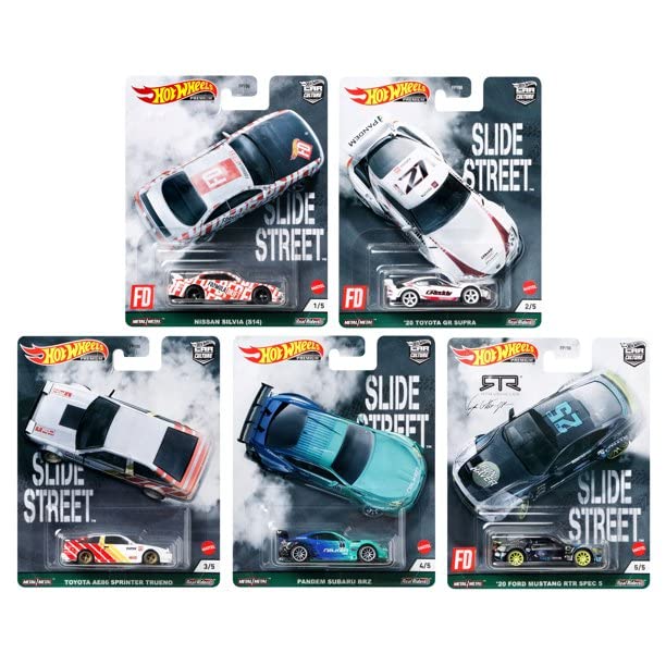 Hot Wheels Premium Car Culture Slide Street Slidewayz 5-Piece Diecast Car Set - Collectible Toy Cars for Kids & Adults - Perfect for Display, Play & Gifting