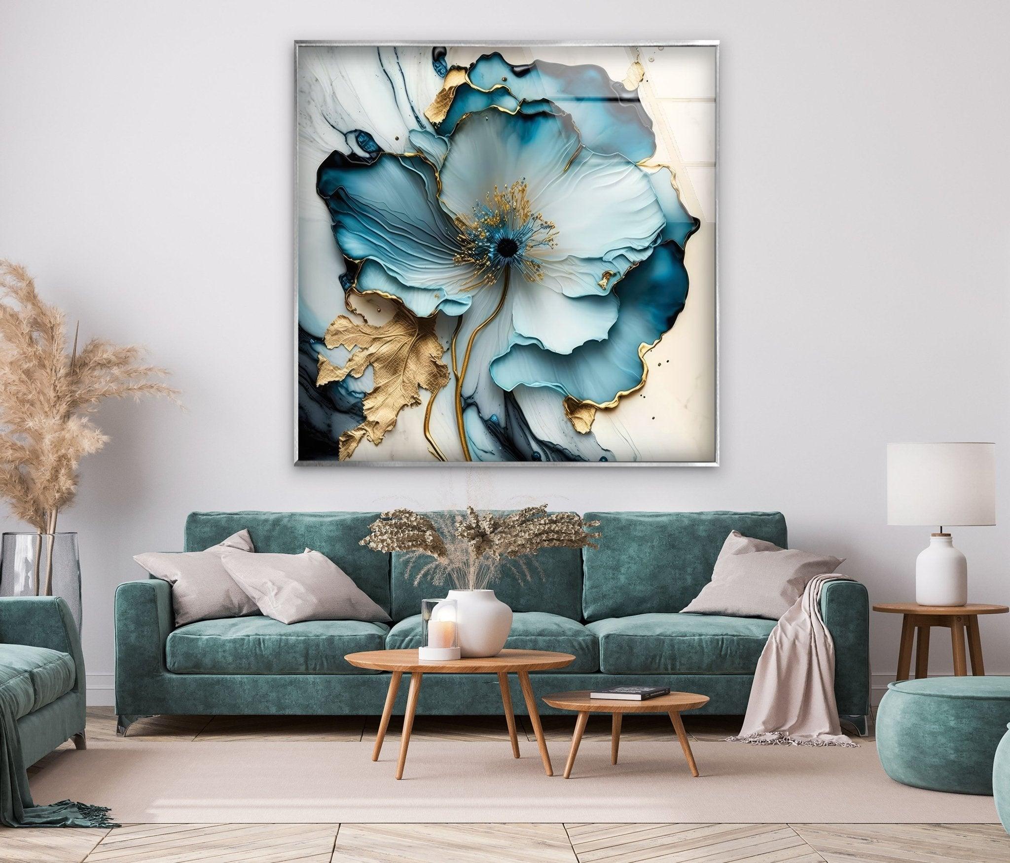 Abstract Blue Flower Glass Wall Art - Modern Handmade Decor for Living Room, Bedroom, Office - Elegant Home & Gift Idea for Housewarming, Wedding, Anniversary