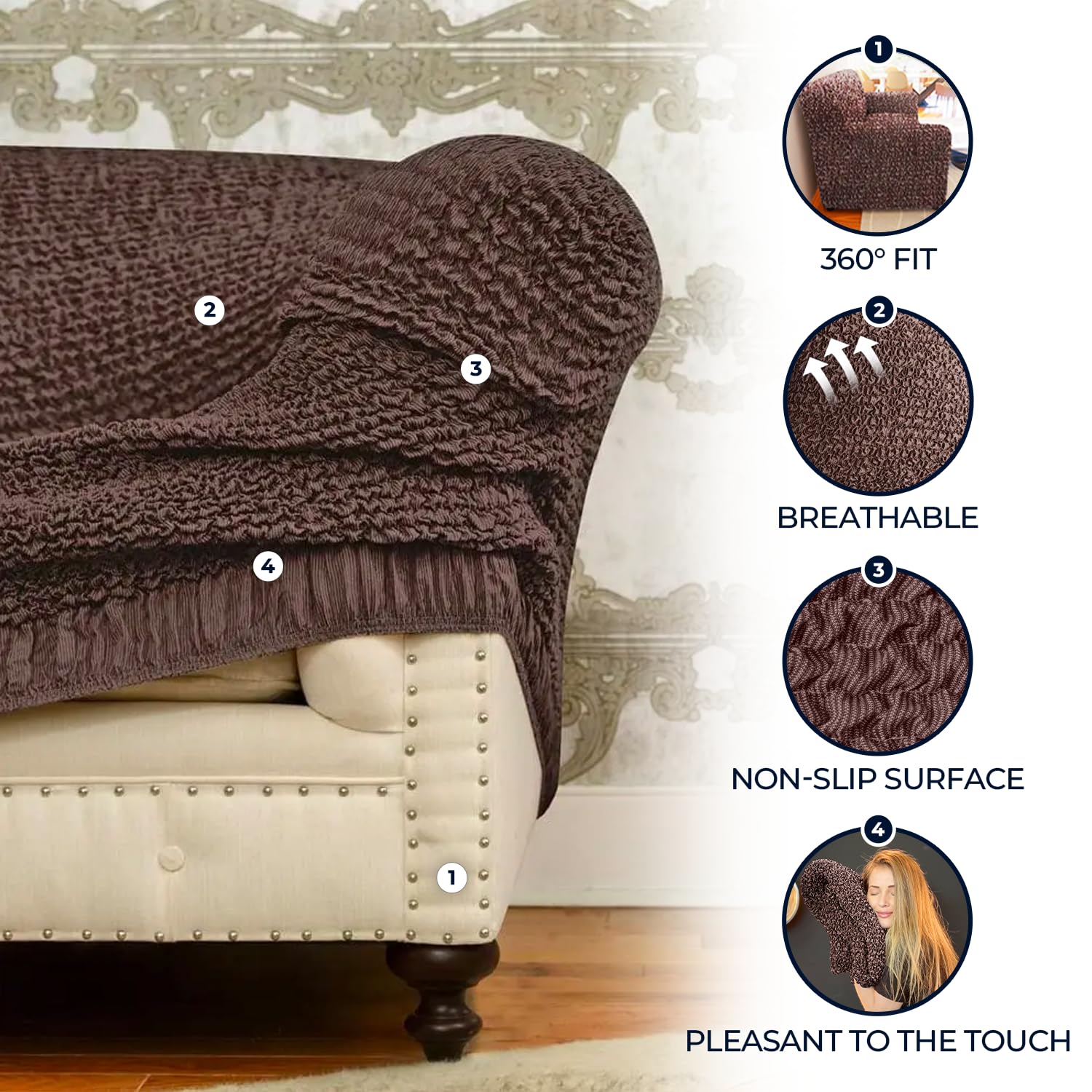 Stylish Mamma Mia Stretch Sofa Slipcover - Soft Polyester 1-Piece Washable Couch Cover with Form Fit - Pet-Friendly Furniture Protector in Brown (Mille Righe Collection) - Perfect for Living Room, Family Room & Pet-Friendly Homes
