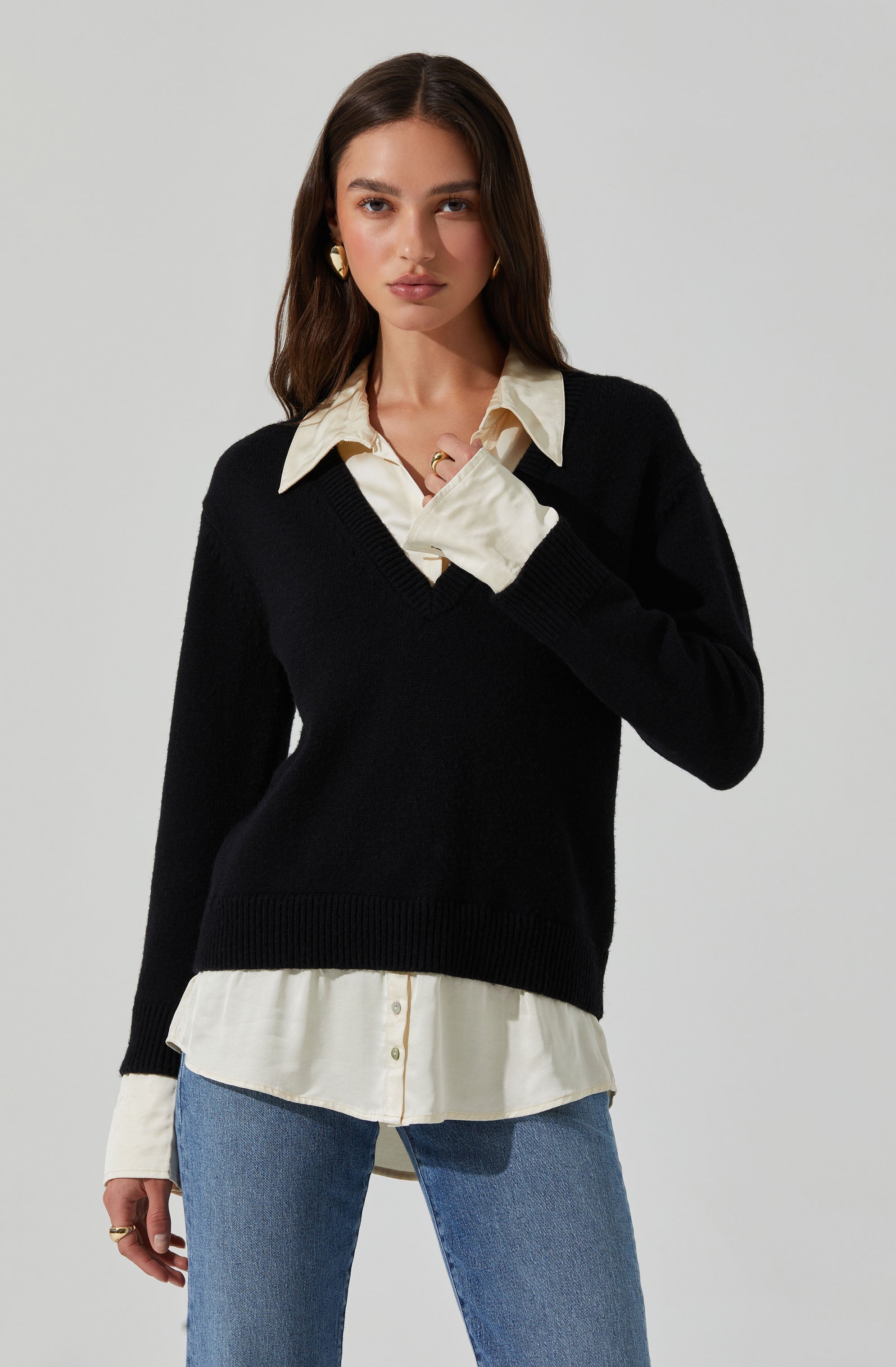 Jianna Mixed Media Layered Sweater for Women - Trendy Knit Pullover with Textured Details | Perfect for Fall Fashion, Office Wear & Casual Outfits