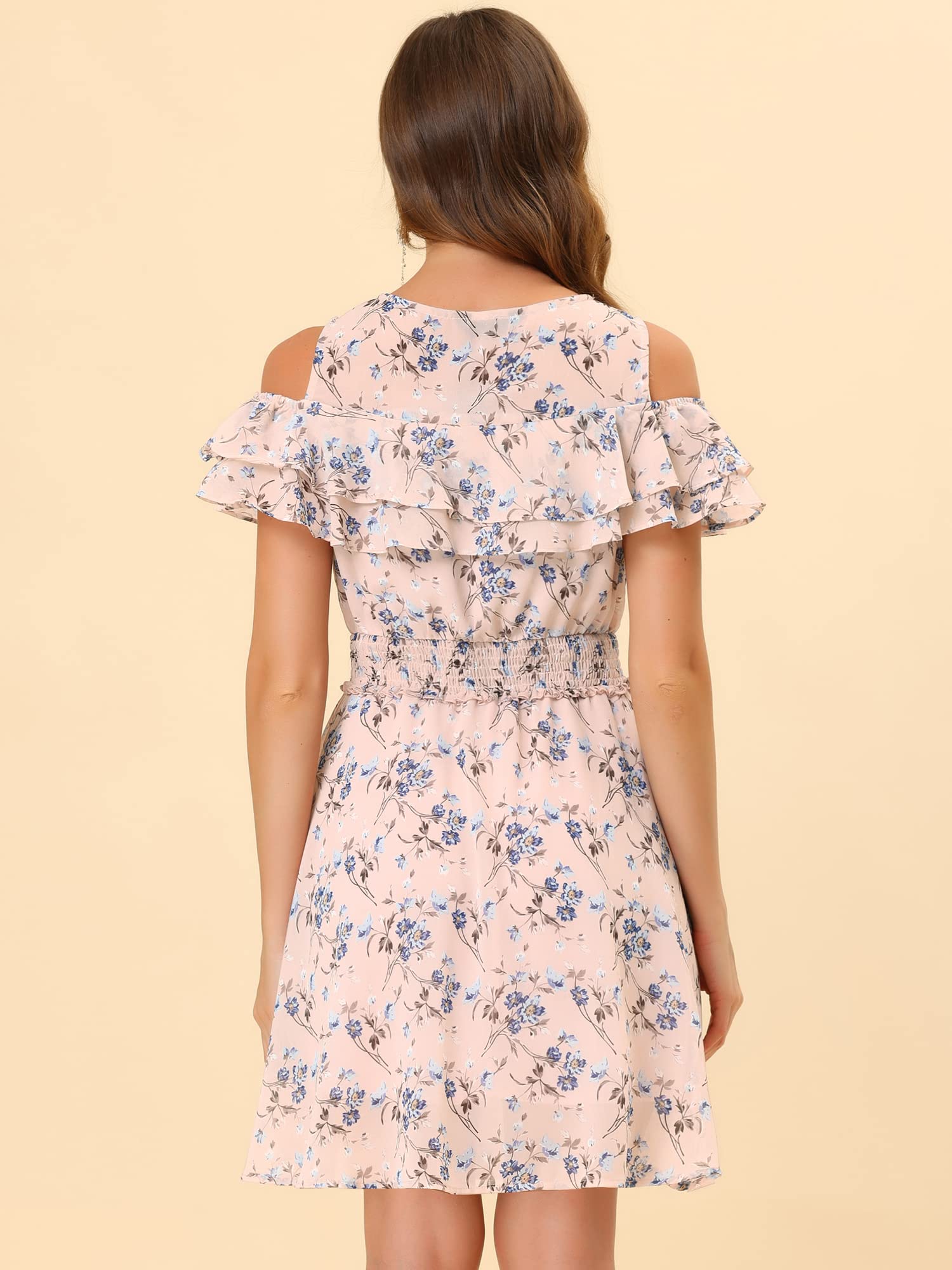 Allegra K Women's Summer Floral Chiffon Cold Shoulder Mini Dress with Smocked Waist - Perfect for Beach Vacations, Date Nights & Summer Parties