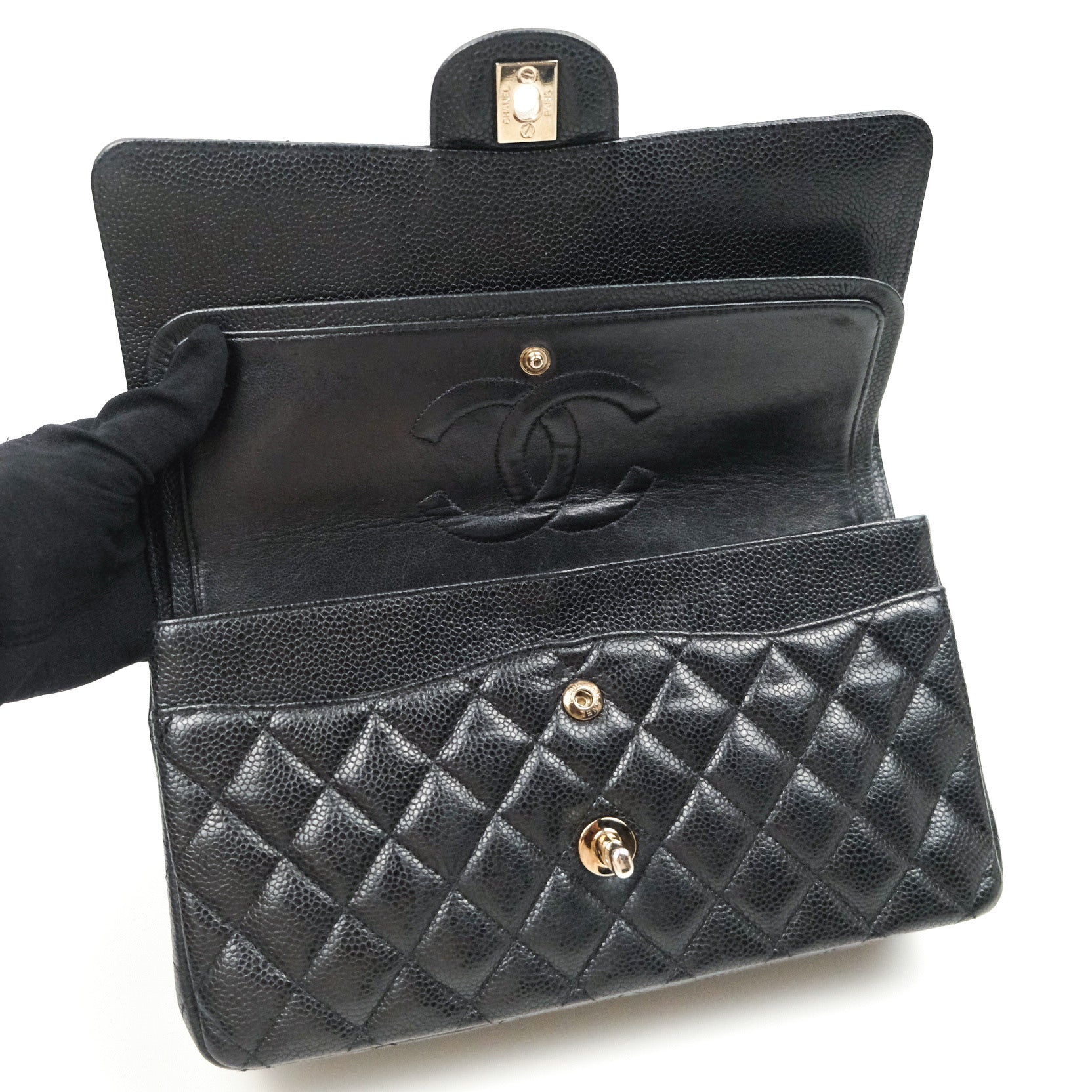 Chanel Classic Medium Double Flap Bag Black Caviar Leather with Silver Hardware - Luxury Shoulder Bag for Women, Perfect for Work, Evening Events & Special Occasions