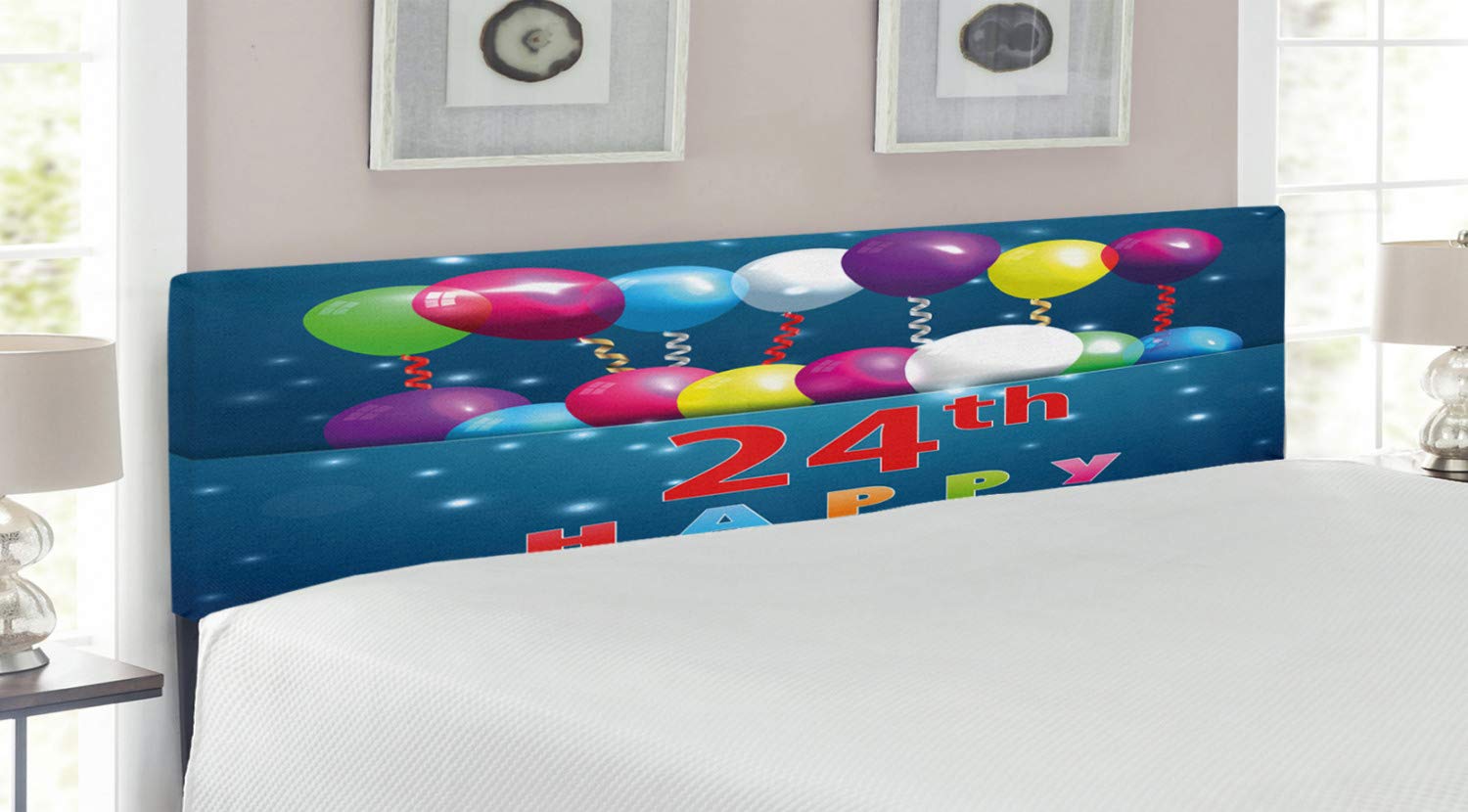 Ambesonne 24th Birthday Party Headboard - King Size Upholstered Metal Bed Frame with Memory Foam - Colorful Balloon & Star Design for Joyful Celebration - Perfect for Bedroom Decor & Birthday Party Backdrop