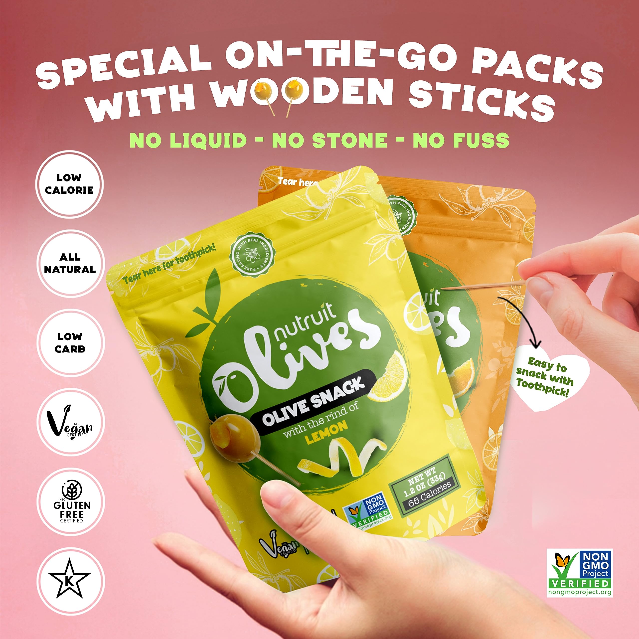 Nutruit Premium Pitted Olives Snacks with Toothpick - Lemon Flavor, Fresh Harvest Aegean Olives (1.2oz, Pack of 20) | Vegan, Non-GMO, Gluten Free, Kosher, Paleo, Sugar Free | Perfect for Parties, Picnics, Charcuterie Boards & Healthy On-the-Go Snacking