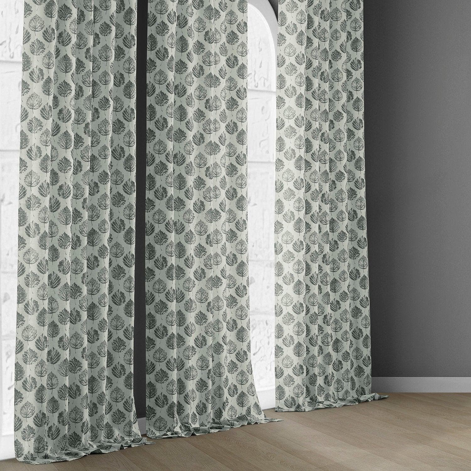 Elm Leaf Black Floral Printed Cotton Curtains for Living Room & Bedroom - Elegant Textured Window Drapes for Home Decor