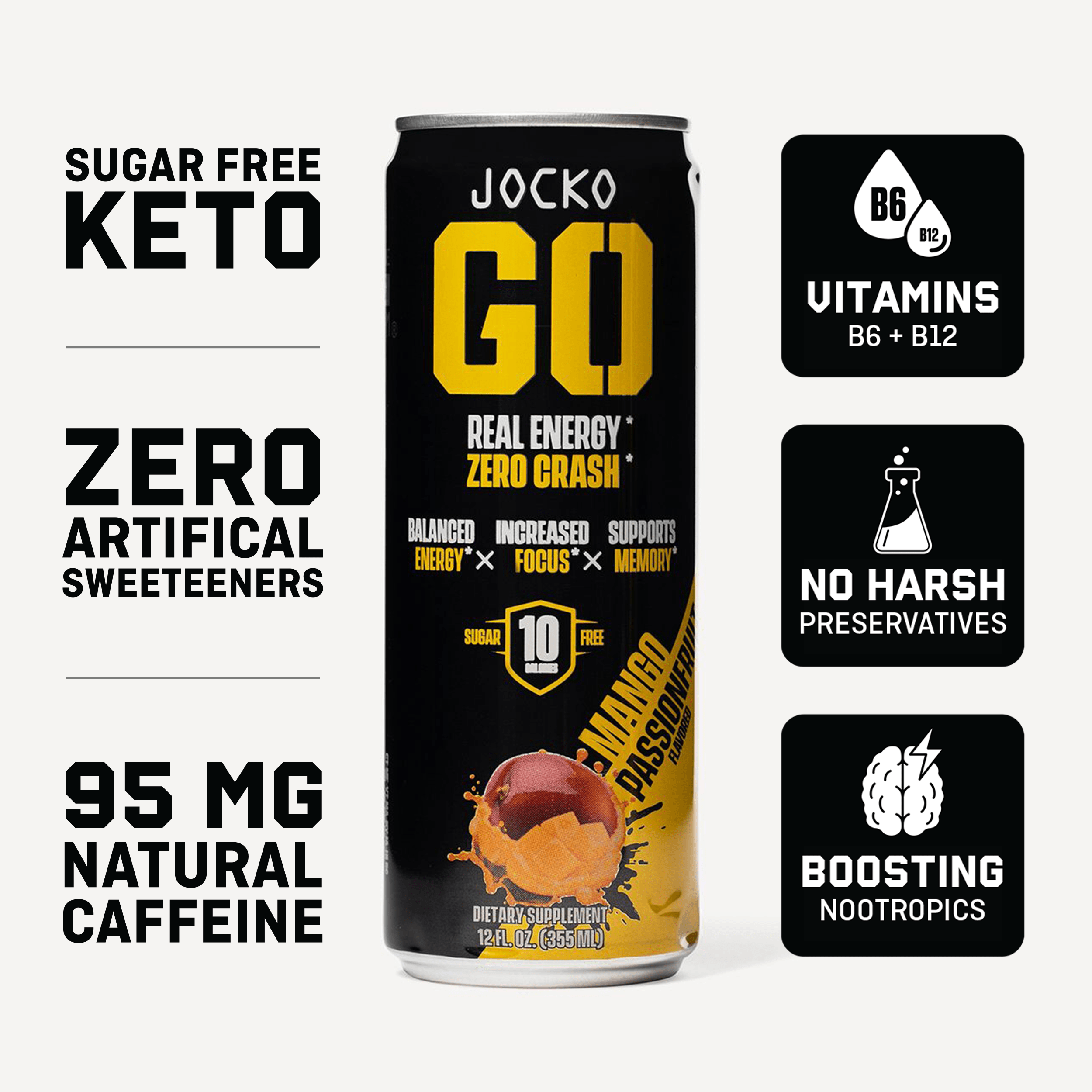 JOCKO GO Energy Drink - 12 Pack | Sugar-Free Pre Workout & Post Workout Supplement | Boost Energy & Focus for Gym, Running & Fitness