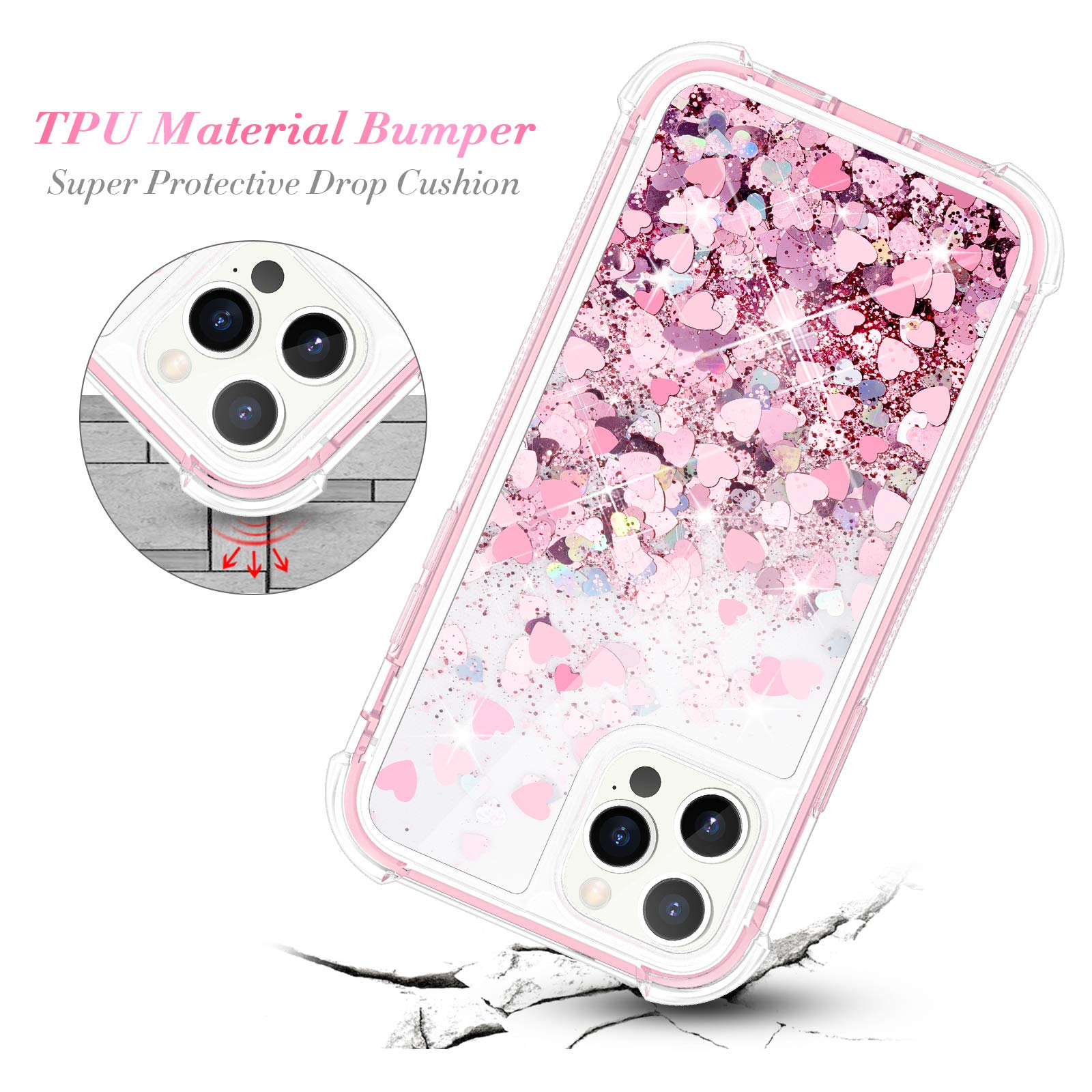 iPhone 12 Pro Max Case (6.7 inch, 2020) - Glitter Bling Liquid Sparkle Clear Protective Cover with Fashion Flowing Quicksand Design | Rose Gold | Perfect for Women & Girls | Great for Parties, Daily Use & Gift Giving