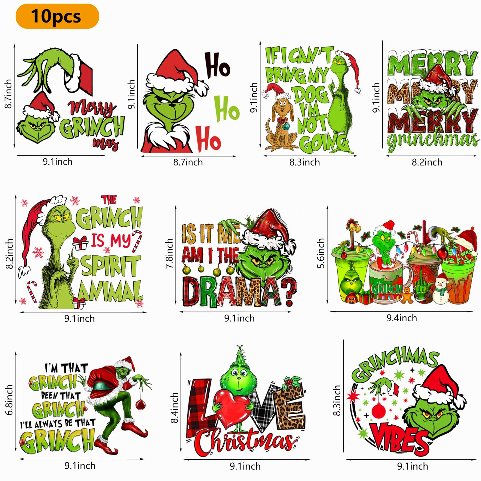 10 Sheets Grinch Christmas Iron-On Transfers for T-Shirts & DIY Decorations - Heat Transfer Vinyl for Clothes, Bags & Pillow Covers - Perfect for Holiday Gifts, Christmas Parties & Festive Home Decor