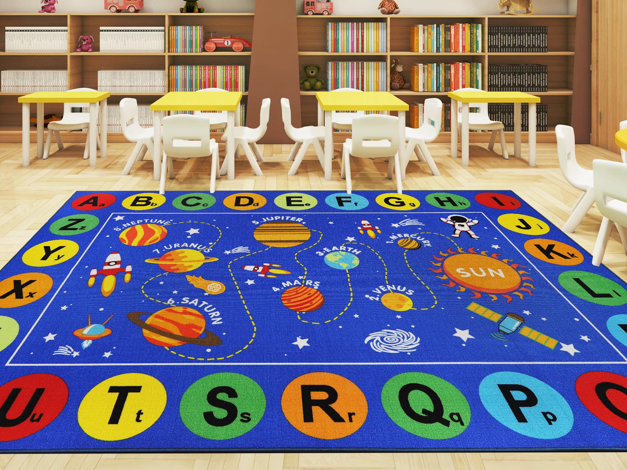 Blue Outer Space Educational Kids Rug 6.6'x9.8' - Non-Slip ABC Alphabet & Planets Play Mat for Classroom, Nursery, Toddler Room & Living Room - Perfect for Learning, Playtime & Decoration