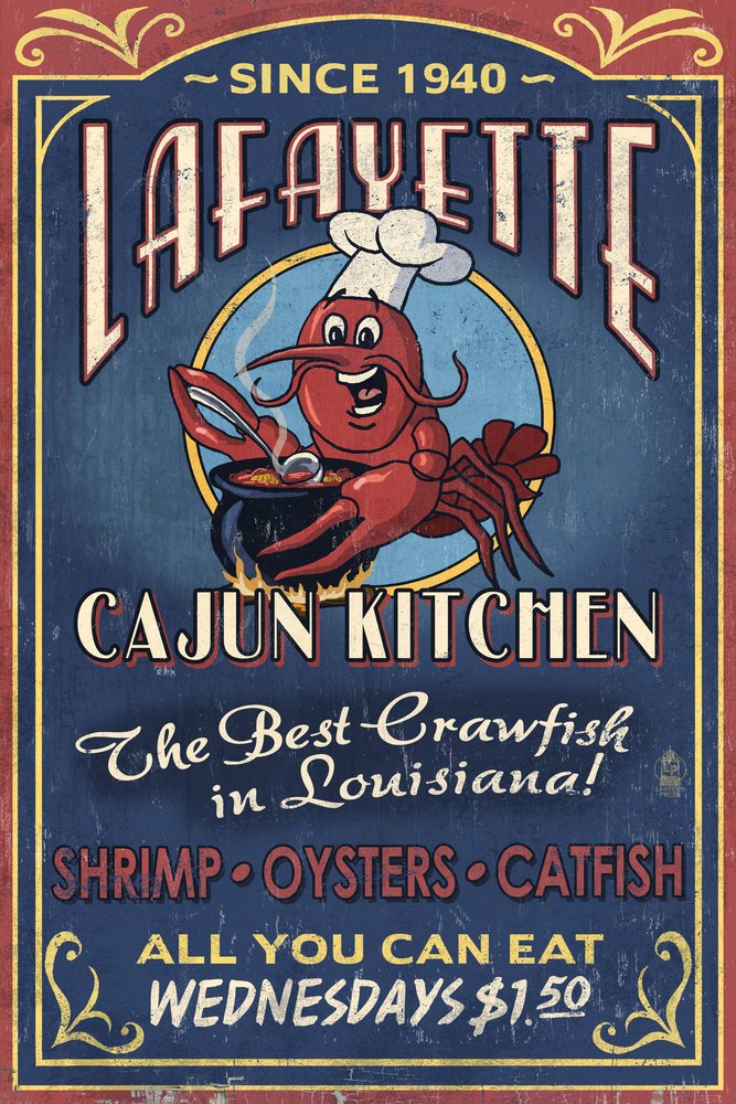 Vintage Cajun Kitchen Wall Art Print - Lafayette Louisiana Decor - 24x36 Signed Poster for Home & Restaurant Decor - Perfect for Cajun Cuisine Lovers & Southern Style Interiors