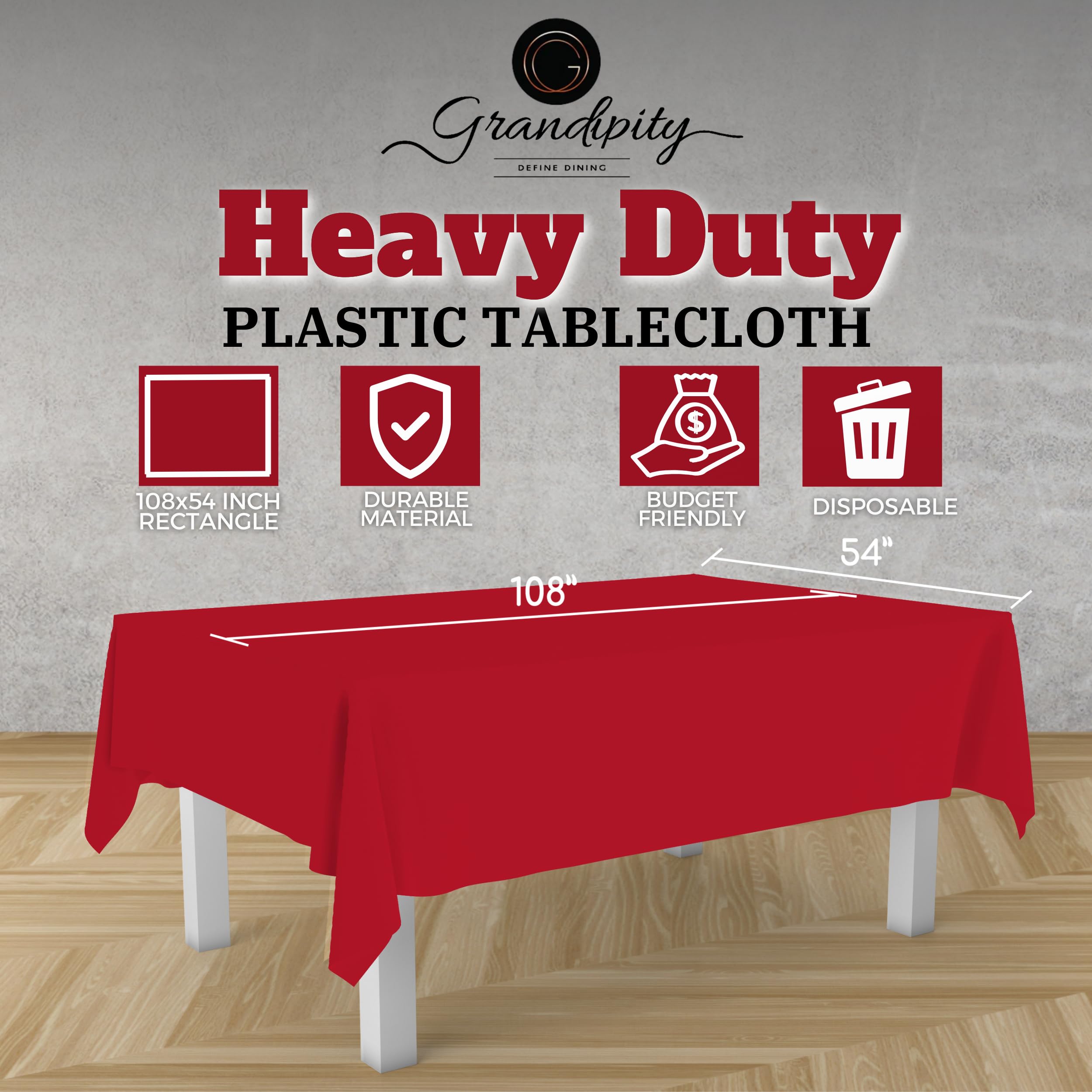Grandipity 6-Pack Disposable Red Plastic Tablecloth 54x108 Inch - Premium Rectangular Party Table Cover for 6-8ft Tables | Ideal for Birthday, Wedding, Picnic & Outdoor Events