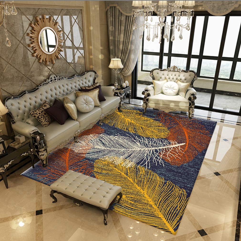 Soft Abstract Art Area Rug - 6.5'x9.2' Fleece Non-Slip Rectangular Carpet for Living Room, Bedroom, Nursery | Modern Nordic Feather Design Indoor/Outdoor Rug for Kids Crawling & Home Decor
